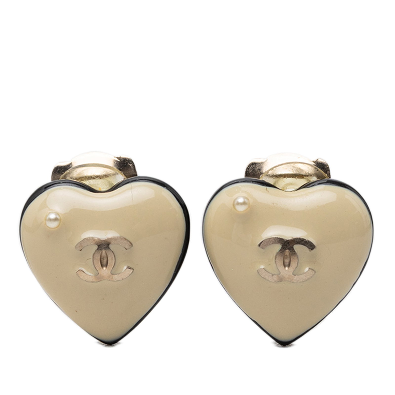 Chanel CC Heart Clip Earrings Resin Faux Pearl White: Chanel CC Heart Clip Earrings Resin Faux Pearl White Clip-on heart earrings from the CC Resin Faux Pearl collection. This costume jewelry pair features a resin body with faux pearl styling and clip-on