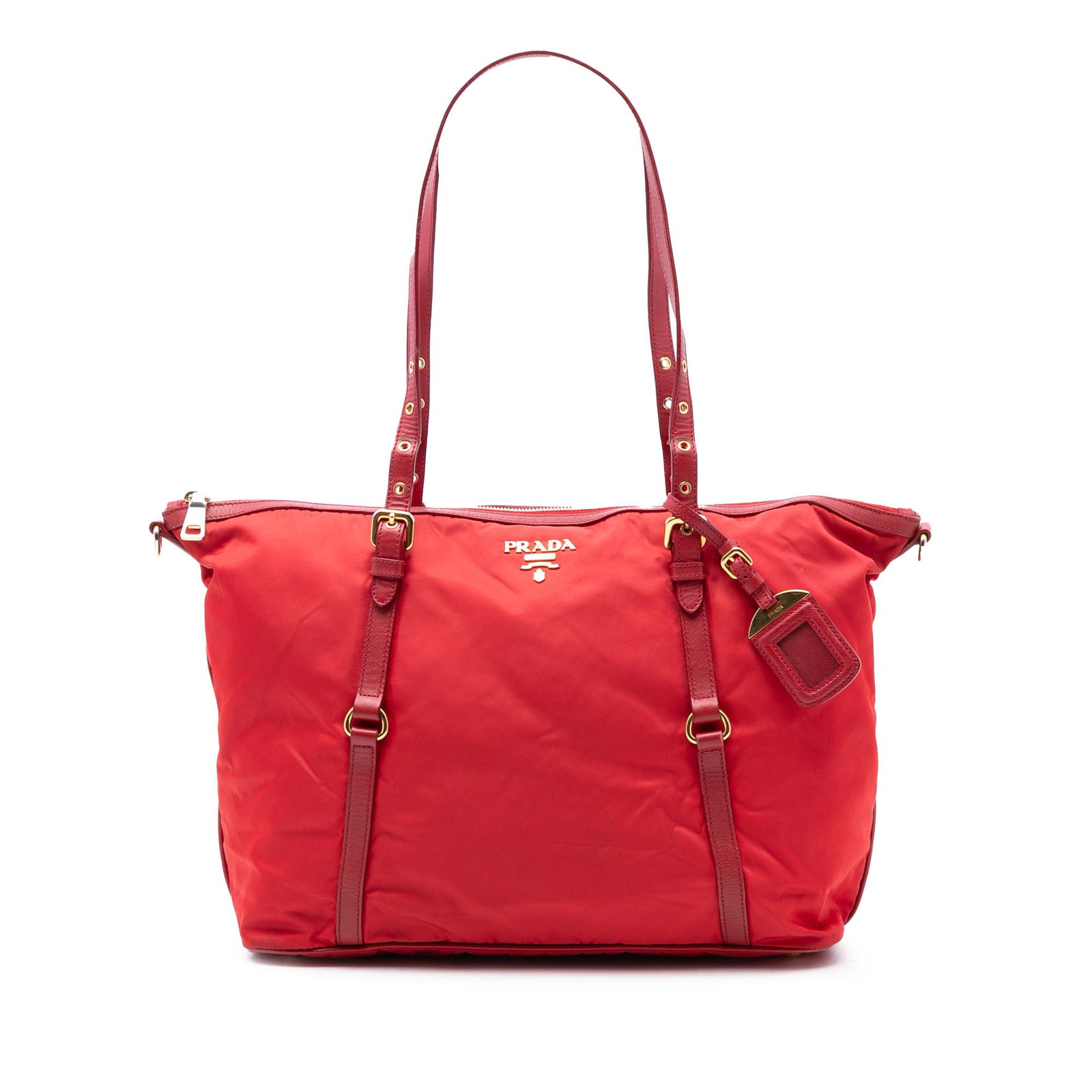 Prada red nylon tote with saffiano leather trim: Prada red nylon tote with saffiano leather trim This Prada Saffiano Trimmed Tessuto Zip Top Convertible Tote features a red nylon body with saffiano leather trim, flat leather handles, a top zip closu