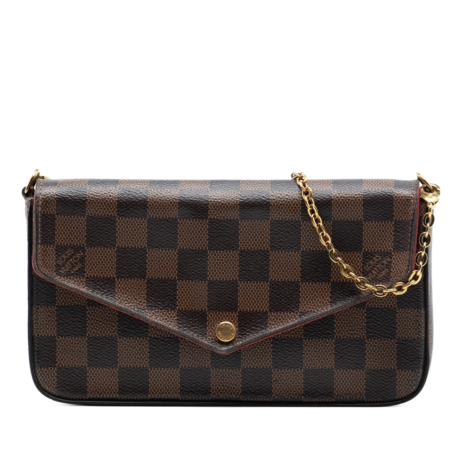 Louis Vuitton Damier Ebene Felicie Crossbody Bag with Gold Chain Strap: Louis Vuitton Damier Ebene Felicie Crossbody Bag with Gold Chain Strap This Louis Vuitton Damier Ebene Pochette Felicie crossbody bag features a brown Damier Ebene canvas exterior with a detachable go