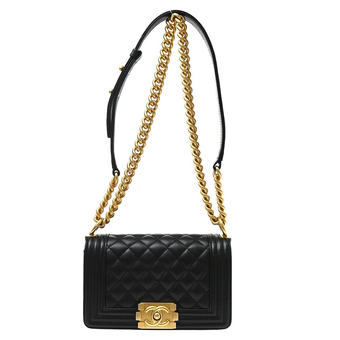 CHANEL Boy Chanel Mini Black Caviar Leather Shoulder Bag: CHANEL Boy Chanel Mini Black Caviar Leather Shoulder Bag Black Boy Chanel small chain shoulder bag in caviar skin leather with a clasp flap closure, fabric lining, and one interior pocket. Features a 