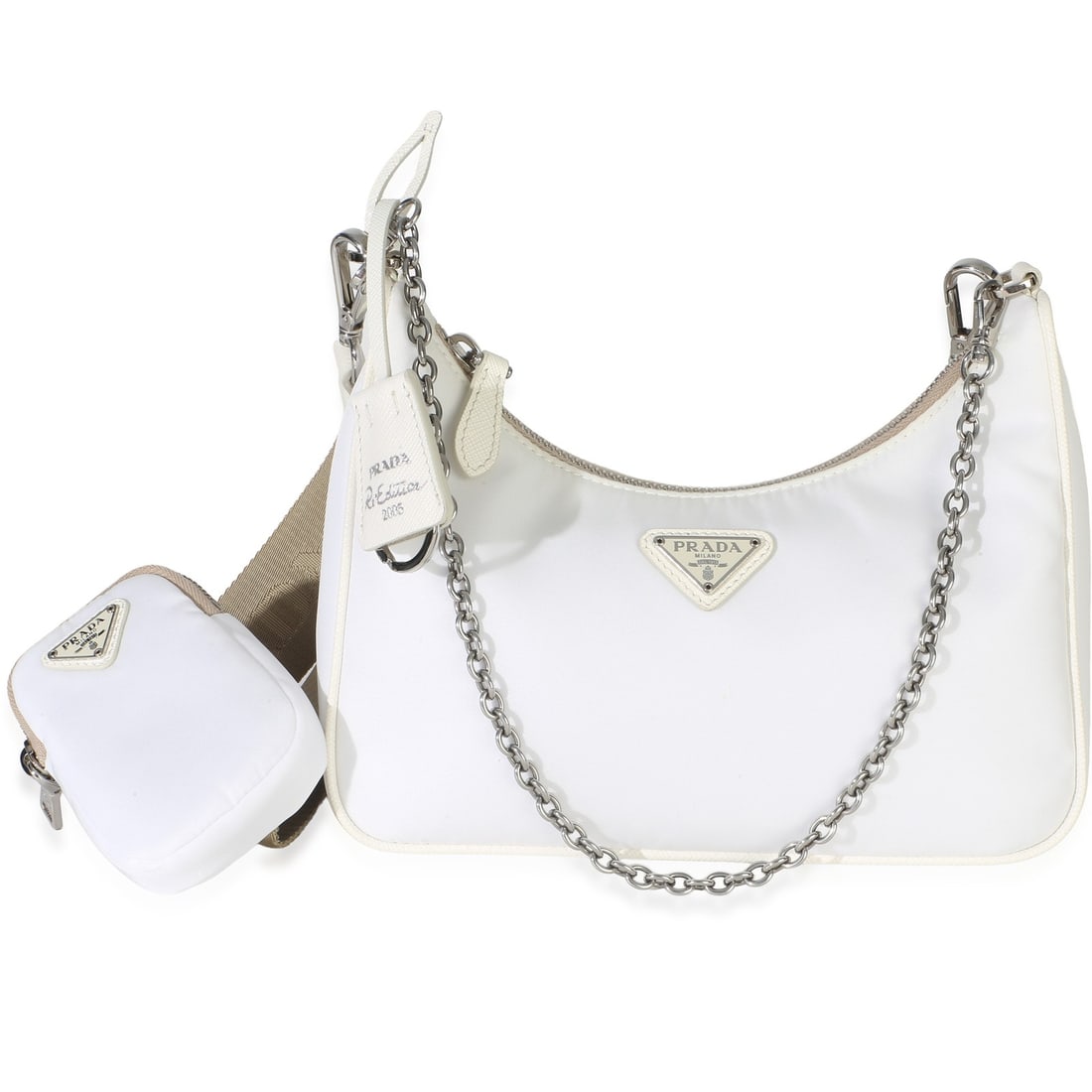 Prada Re-Nylon Re-Edition 2005 Small White Shoulder Bag: Prada Re-Nylon Re-Edition 2005 Small White Shoulder Bag Pre-owned Prada Re-Nylon Re-Edition 2005 shoulder bag in white with a zip-top closure. This small unisex bag features a nylon exterior and linin