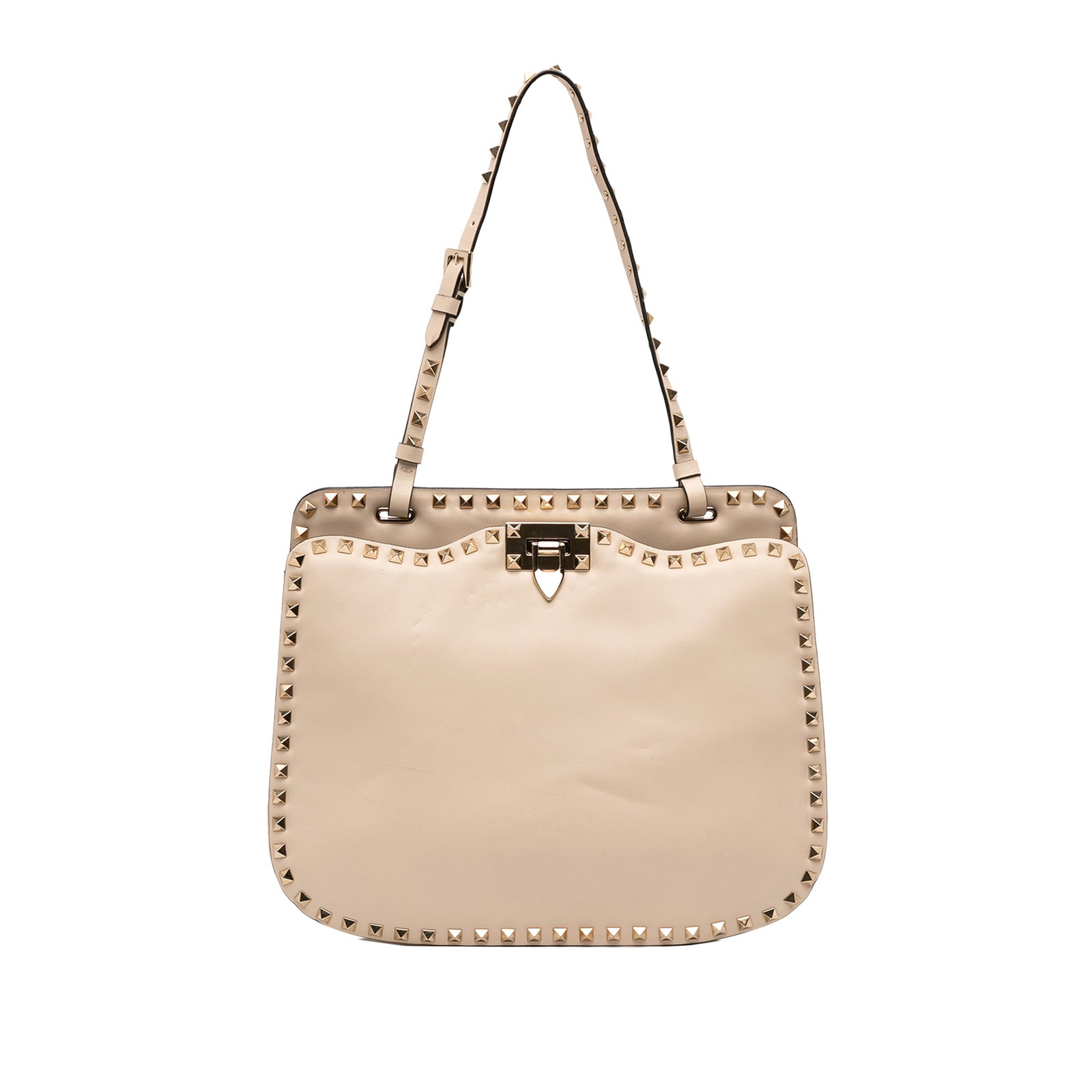 Rockstud Brown Leather Shoulder Bag by Valentino with Studded Strap: Rockstud Brown Leather Shoulder Bag by Valentino with Studded Strap This Valentino Leather Rockstud Shoulder Bag features a leather body accented with signature stud details. It includes an adjustable