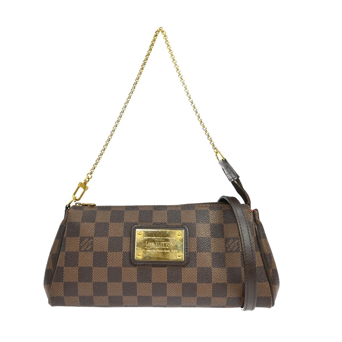 Louis Vuitton Eva N55213 Damier Ebene 2way Chain Shoulder Bag: Louis Vuitton Eva N55213 Damier Ebene 2way Chain Shoulder Bag Vintage Louis Vuitton Eva 2-way handbag in Damier Ebene canvas with leather trim and a chain strap. This small zip-top bag features a brow