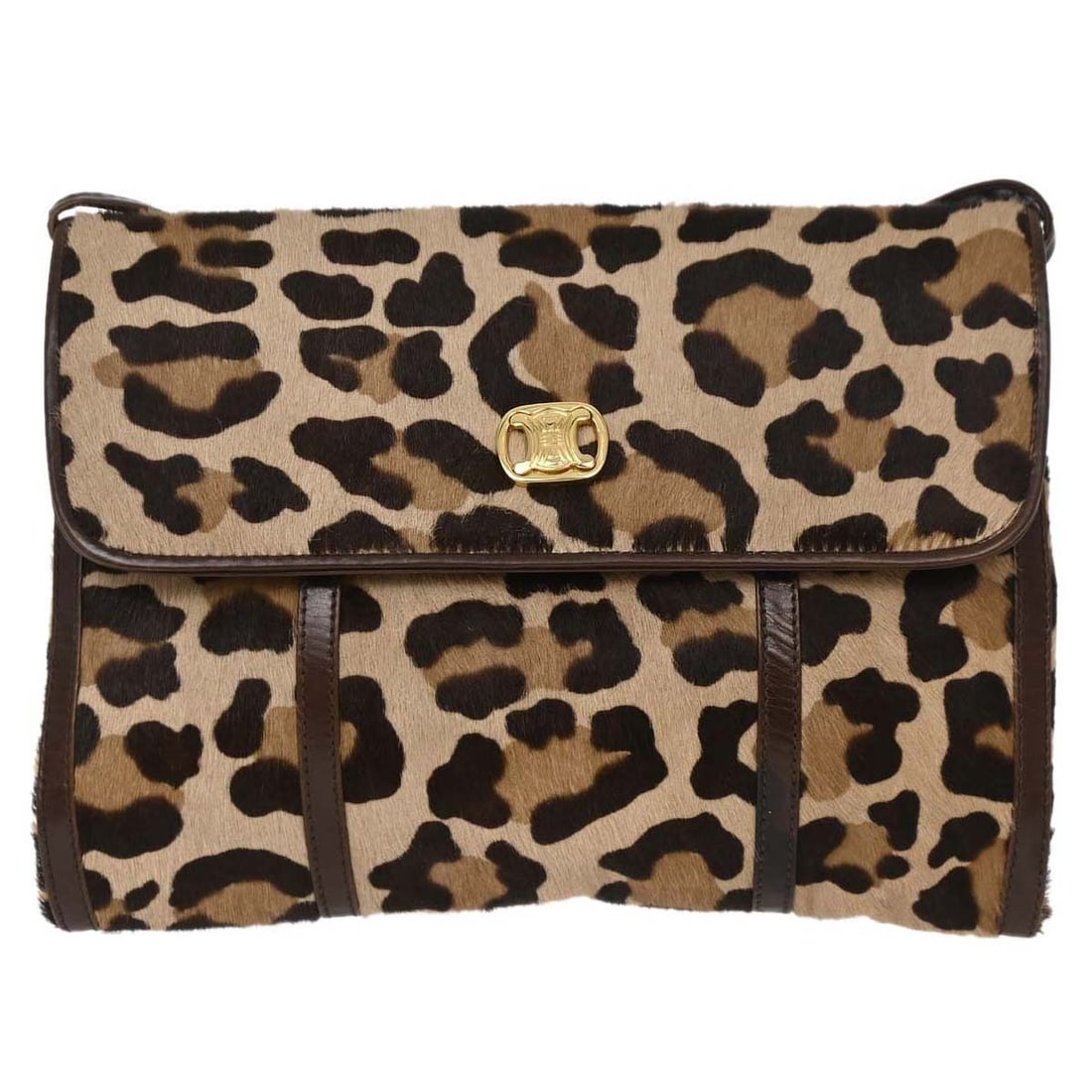 CELINE M05 leopard print pony hair shoulder bag brown: CELINE M05 leopard print pony hair shoulder bag brown Celine shoulder bag in brown pony hair with a leopard print design and leather trim. This medium shoulder bag features a logo accent, one interior