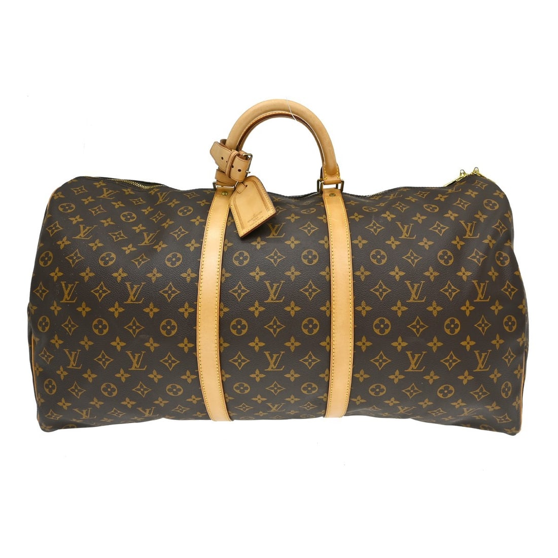 Louis Vuitton Keepall 60 Monogram Duffle Bag M41422 France: Louis Vuitton Keepall 60 Monogram Duffle Bag M41422 France Vintage Louis Vuitton Keepall 60 travel handbag in Monogram canvas and leather with double handles and zip closure. This extra large duffle-s