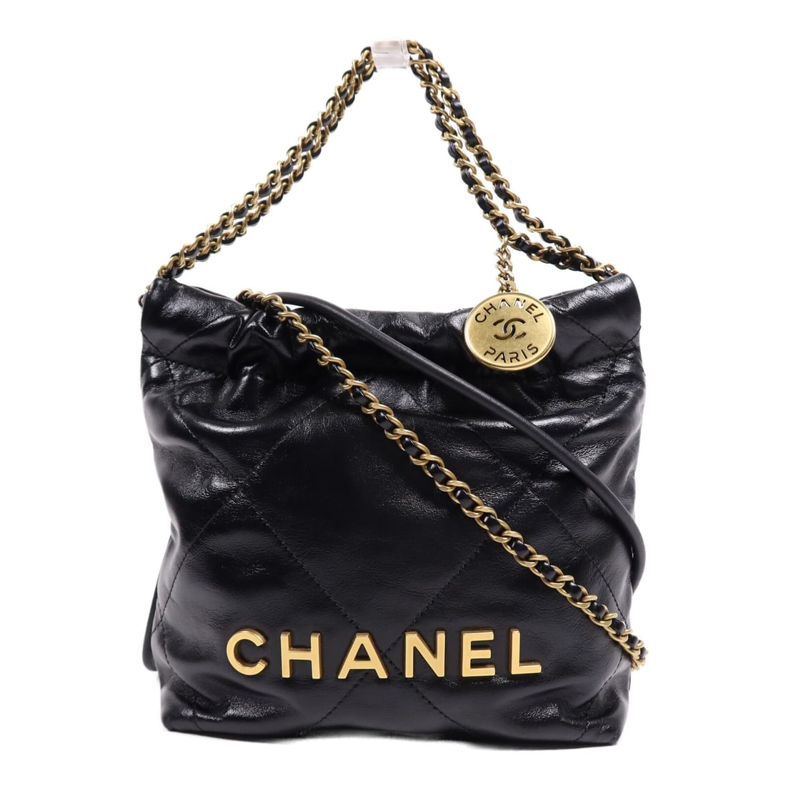 CHANEL Chanel 22 Mini Shoulder Bag AS3980 Black Calfskin: CHANEL Chanel 22 Mini Shoulder Bag AS3980 Black Calfskin Chanel 22 Mini chain shoulder bag in black calfskin leather with CC GHW styling. This women's shoulder bag features an interior card pocket and