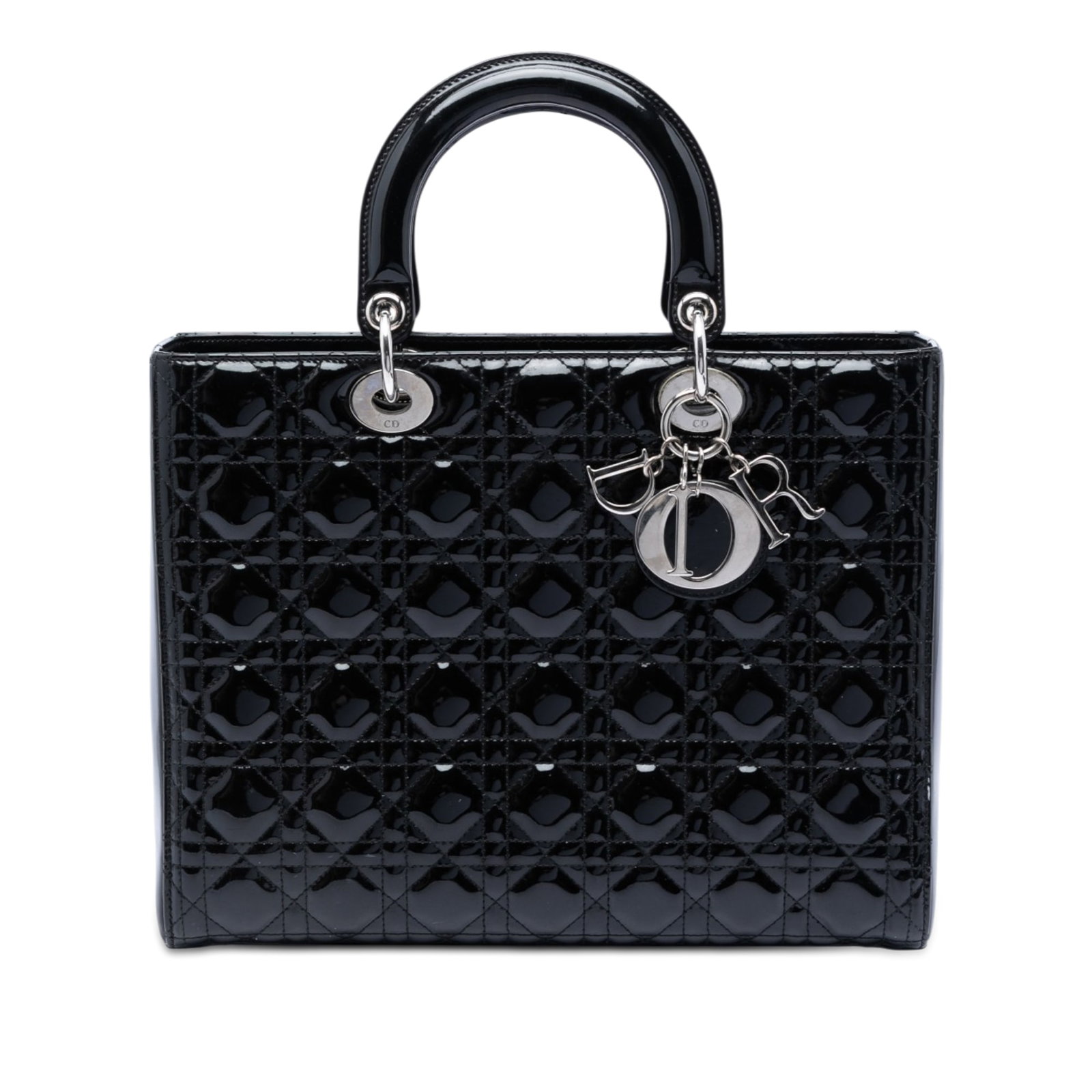 Dior Large Patent Cannage Lady Handbag Black Leather: Dior Large Patent Cannage Lady Handbag Black Leather This Lady Dior handbag features a quilted patent leather exterior in black, with flat leather top handles and a top zip closure. The interior inclu