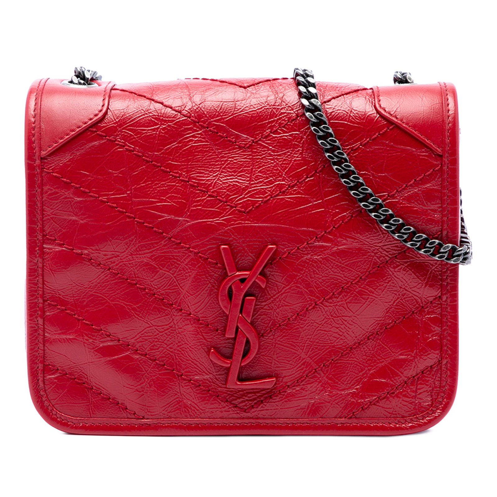 Saint Laurent Niki Wallet on Chain in Red Crinkled Calfskin: Saint Laurent Niki Wallet on Chain in Red Crinkled Calfskin Saint Laurent Crinkled Calfskin Niki Wallet on Chain in red leather, made in Italy. This bag features a crumpled leather body, a chain strap