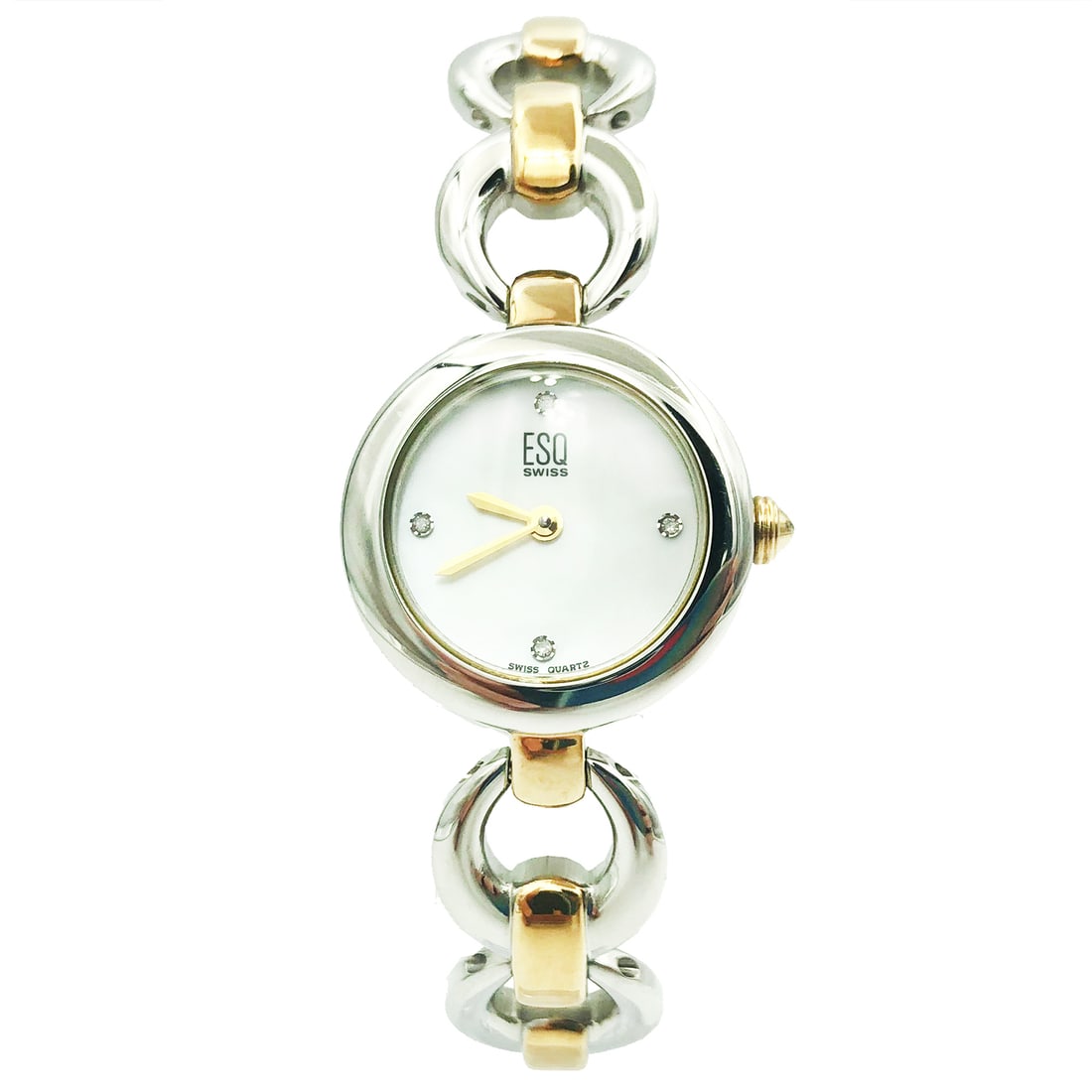 ESQ Movado Quartz Dress Watch MOP Dial Multicolor Bracelet with Box: ESQ Movado Quartz Dress Watch MOP Dial Multicolor Bracelet with Box This ESQ Movado wristwatch features a stunning Mother of Pearl dial, elegantly set within a polished stainless steel case. Designed 