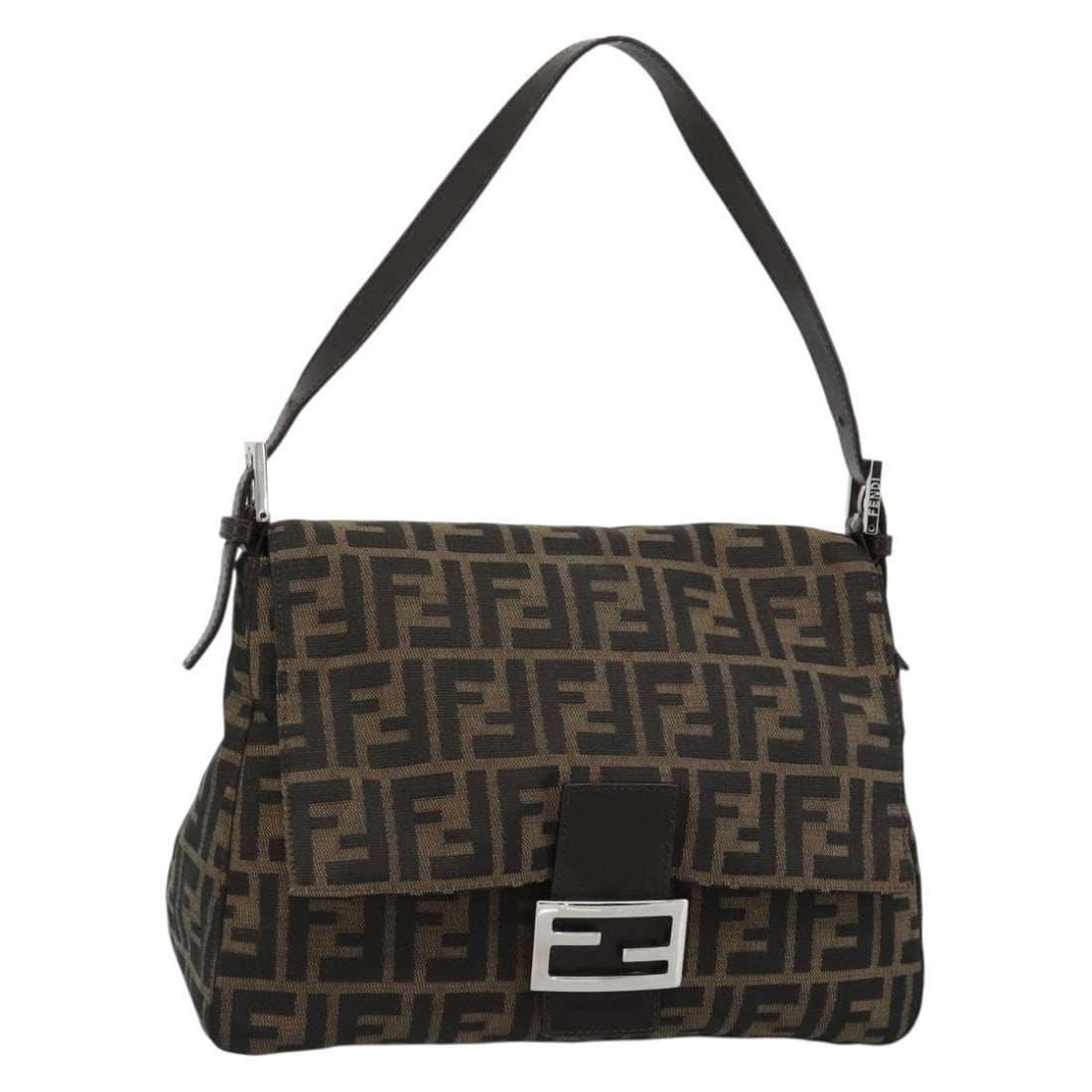 FENDI Mamma Baguette Shoulder Bag in Black Brown Zucca Canvas: FENDI Mamma Baguette Shoulder Bag in Black Brown Zucca Canvas FENDI Mamma Baguette shoulder bag in Zucca canvas with a black and brown colorway. Made in Italy, it features a shoulder strap with an app