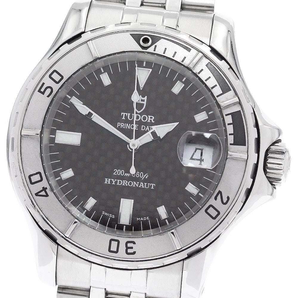 TUDOR Prince Date Hydronaut 89190P mens automatic steel watch: TUDOR Prince Date Hydronaut 89190P mens automatic steel watch Pre-owned TUDOR Prince Date Hydronaut automatic men's wristwatch with a black dial, stainless steel case and stainless steel bracelet. Fea