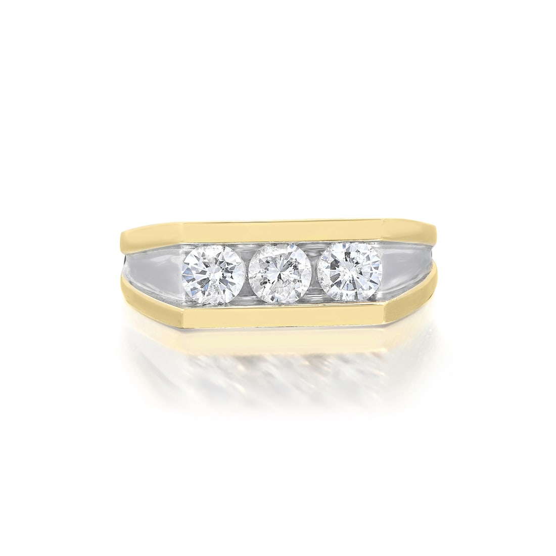 Rachel Koen 14K Yellow Gold 1.00ct Three Stone Diamond Ring Size 10.5: Rachel Koen 14K Yellow Gold 1.00ct Three Stone Diamond Ring Size 10.5 This exquisite men's ring by Rachel Koen showcases a classic three stone design, crafted from luxurious 14K yellow gold. The ring 