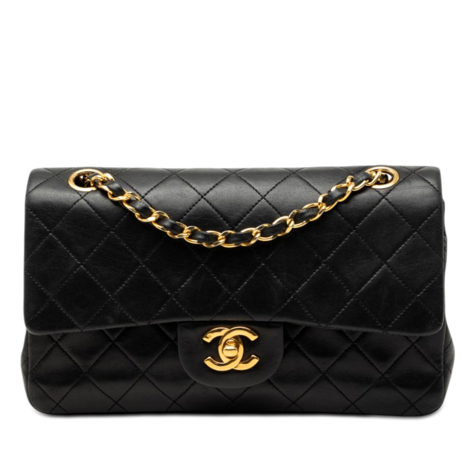 Chanel Small Classic Double Flap Shoulder Bag in Black Lambskin: Chanel Small Classic Double Flap Shoulder Bag in Black Lambskin Chanel Small Classic Lambskin Double Flap shoulder bag in black quilted lambskin. This bag features leather-woven chain shoulder straps,