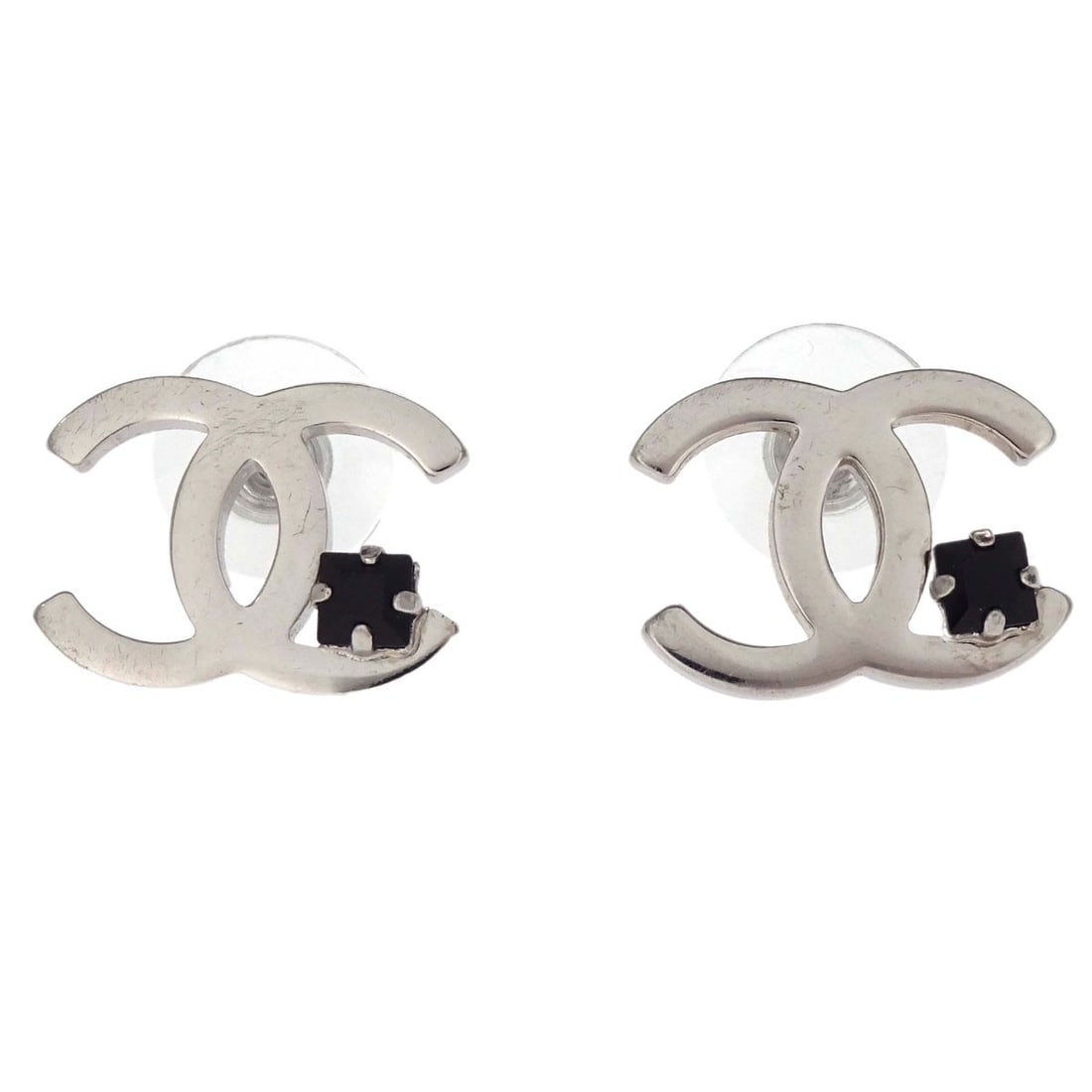 CHANEL CC logo rhinestone silver plated pierced earrings (1 of 5)