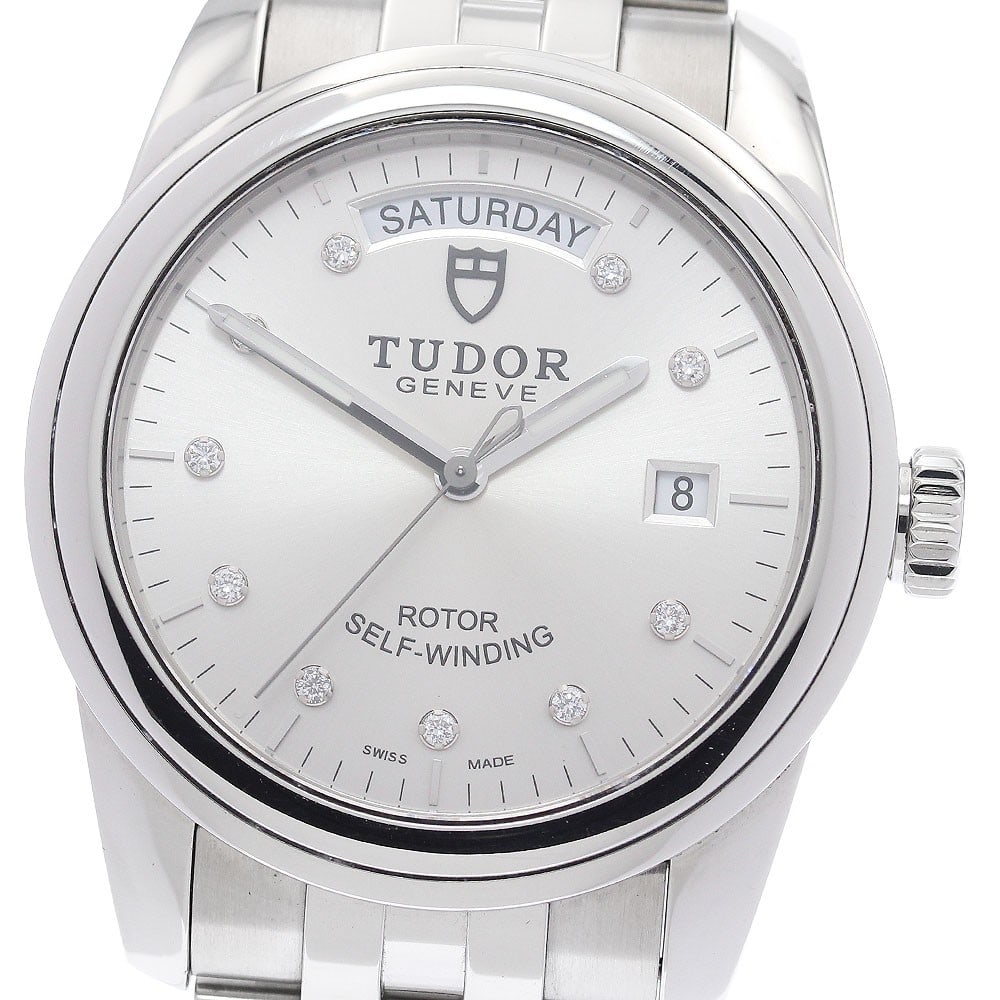 TUDOR Glamour 56000 mens automatic day date wristwatch: TUDOR Glamour 56000 mens automatic day date wristwatch Pre-owned TUDOR Glamour Date-Day men's wristwatch with automatic movement and a silver dial featuring 10-diamond styling as noted in the title. T