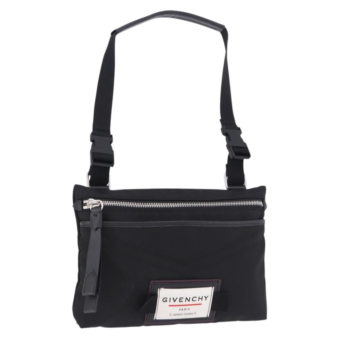 Givenchy Black Nylon Shoulder Bag Silver Tone Made in Italy: Givenchy Black Nylon Shoulder Bag Silver Tone Made in Italy This Givenchy shoulder bag is crafted from nylon in a black and silver colorway. It features a slim profile with a shoulder strap drop of 11