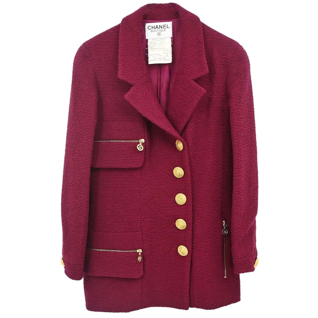 CHANEL Bordeaux Wool Mid Length Jacket Size 36 France: CHANEL Bordeaux Wool Mid Length Jacket Size 36 France Vintage Chanel women's jacket in bordeaux, made from 100% wool and crafted in France. It features a button closure, long sleeves, a mid-length cut