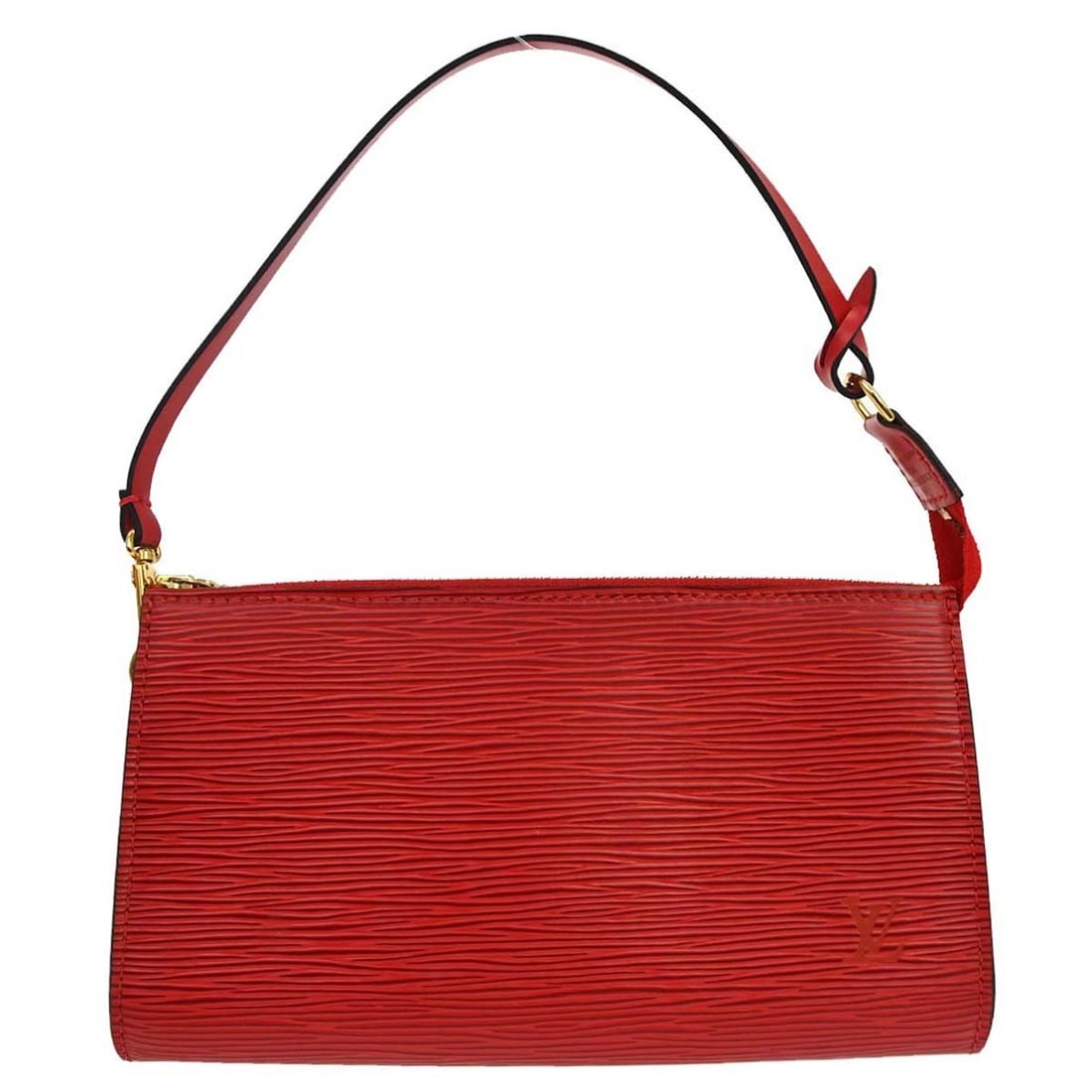 Louis Vuitton Pochette Accessoires 21 Red Epi Leather Top Handle Bag: Louis Vuitton Pochette Accessoires 21 Red Epi Leather Top Handle Bag Louis Vuitton Pochette Accessoires 21 handbag in red Epi leather with a zip closure and detachable strap. It features Alcantara lin