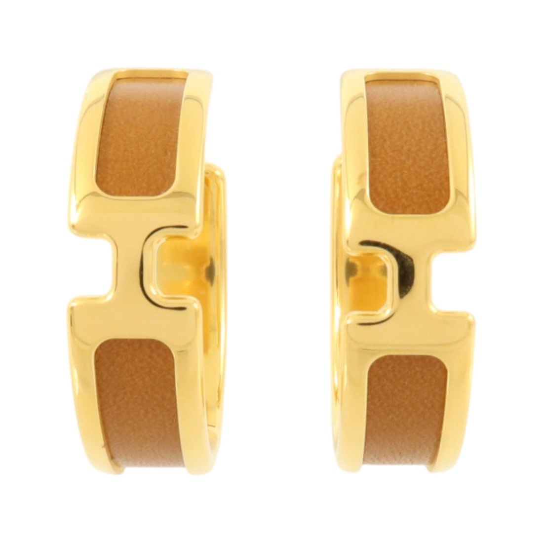 Hermes Olympe pierced earrings gold tone metal brown calfskin (1 of 8)