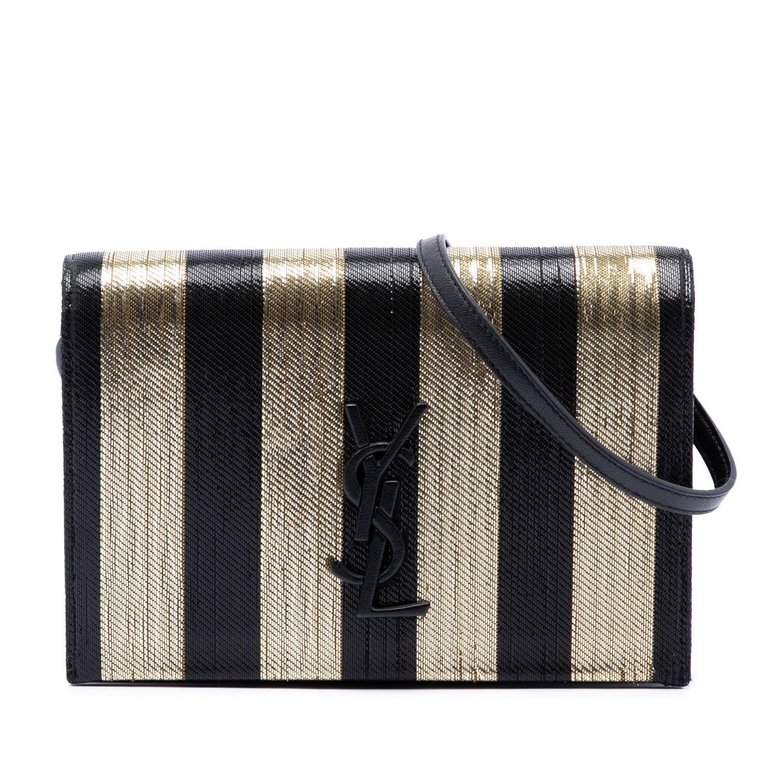 Saint Laurent Kate Monogram Crossbody Metallic Striped Fabric: Saint Laurent Kate Monogram Crossbody Metallic Striped Fabric Saint Laurent Kate crossbody bag in metallic striped fabric with the Monogram design. It features an adjustable flat leather strap, a fron