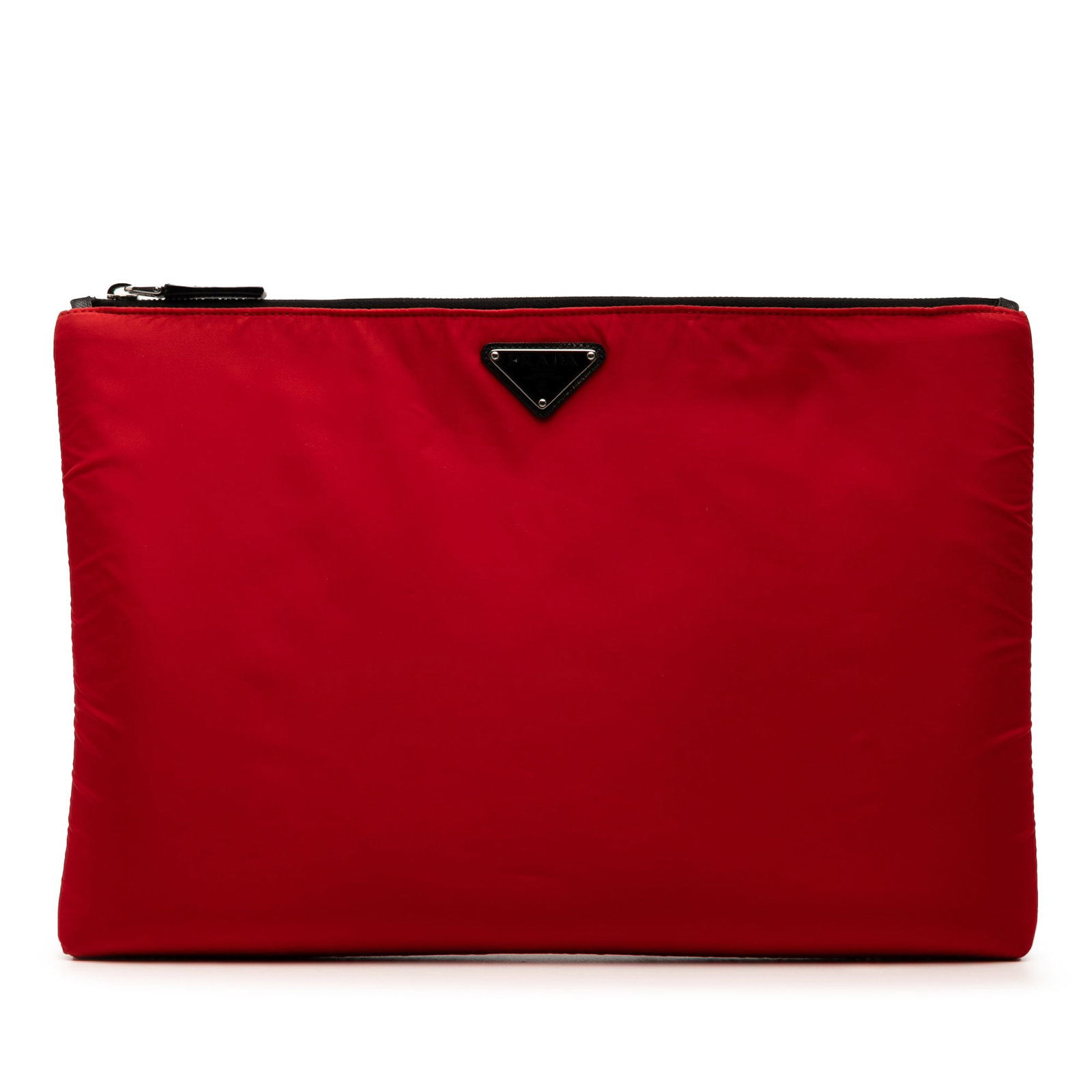 Red Tessuto Soft Zip Clutch Bag by Prada Nylon Fabric: Red Tessuto Soft Zip Clutch Bag by Prada Nylon Fabric This Prada Tessuto Soft Zip Clutch is crafted from durable red nylon fabric and features a top zip closure. The bag has noticeable signs of use, i