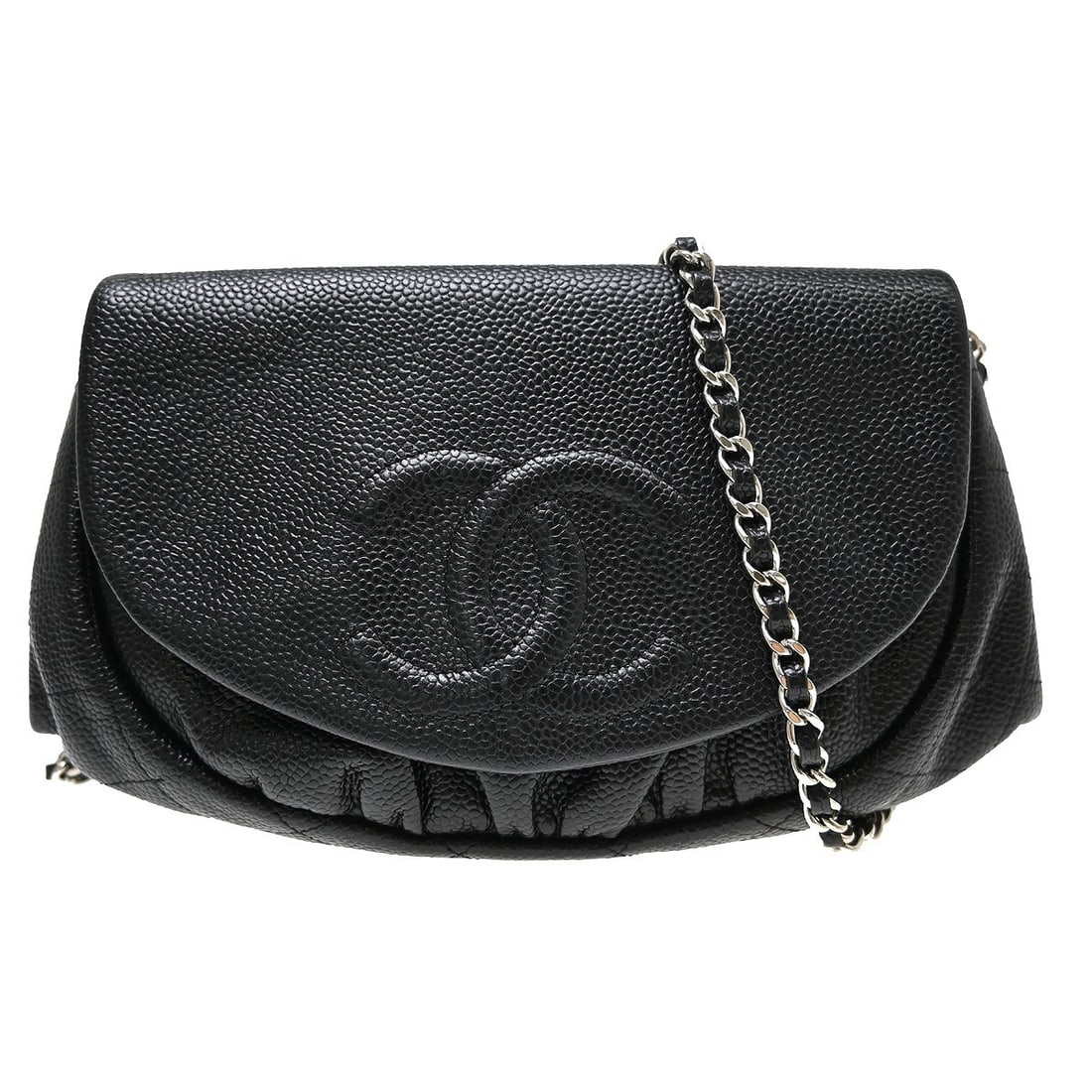 Chanel Half Moon WOC Black Calfskin Shoulder Bag: Chanel Half Moon WOC Black Calfskin Shoulder Bag Chanel Half Moon Wallet on Chain in black. This women's bag is made in Italy and shows overall good condition with light wear to the exterior and light