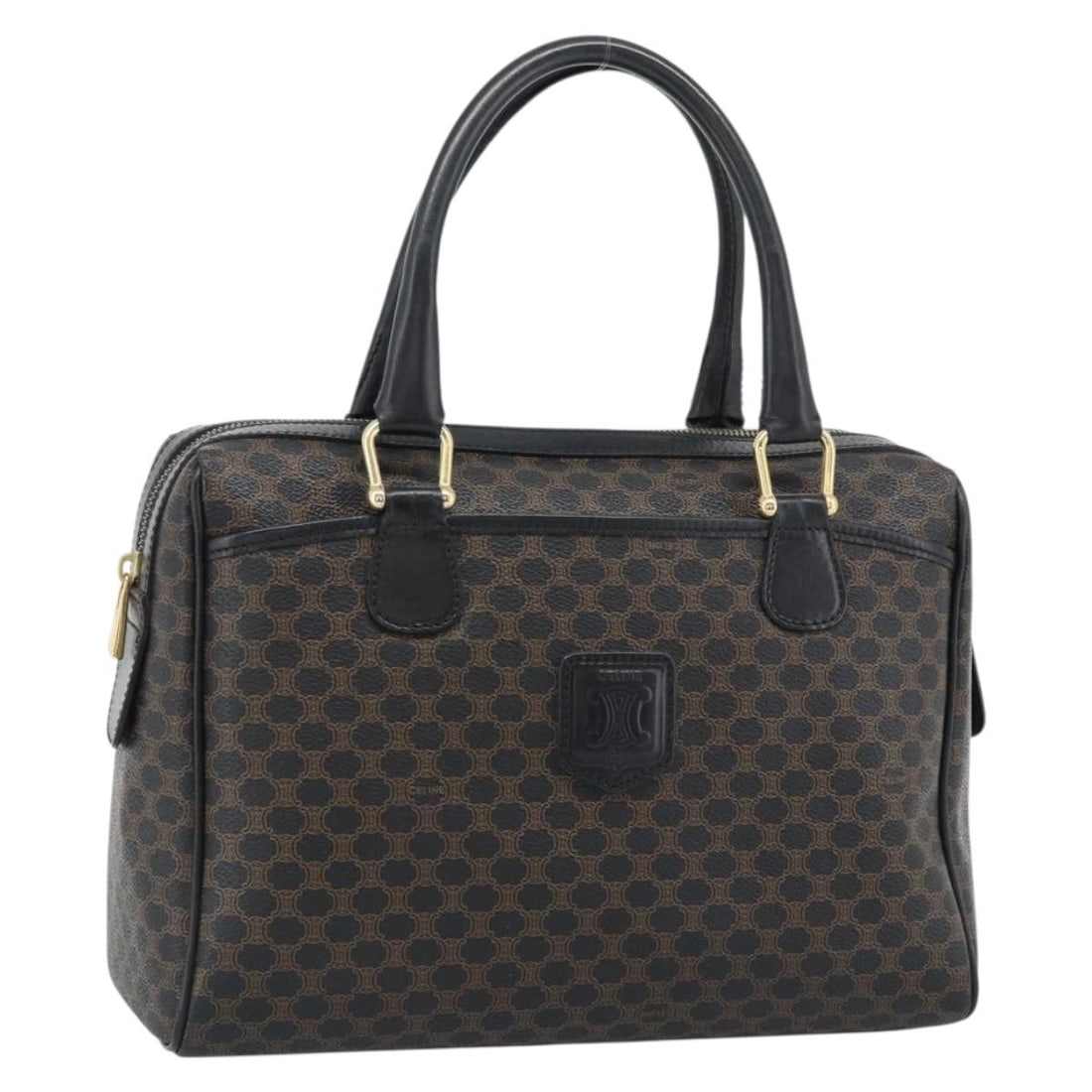 CELINE Macadam Boston Bag in Black PVC Leather: CELINE Macadam Boston Bag in Black PVC Leather Authentic CELINE Macadam canvas Boston bag with PVC leather trim in black and gold tone. This women's handbag is made in Italy and features a structured 