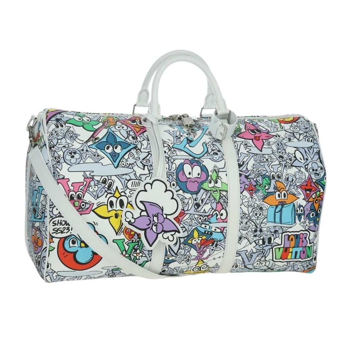 Louis Vuitton M21863 Keepall Bandouliere 50 Monogram Comics Boston Bag: Louis Vuitton M21863 Keepall Bandouliere 50 Monogram Comics Boston Bag Louis Vuitton Monogram Comics Keepall Bandouliere 50 is a Boston bag crafted in Monogram Canvas with a white exterior. It is made