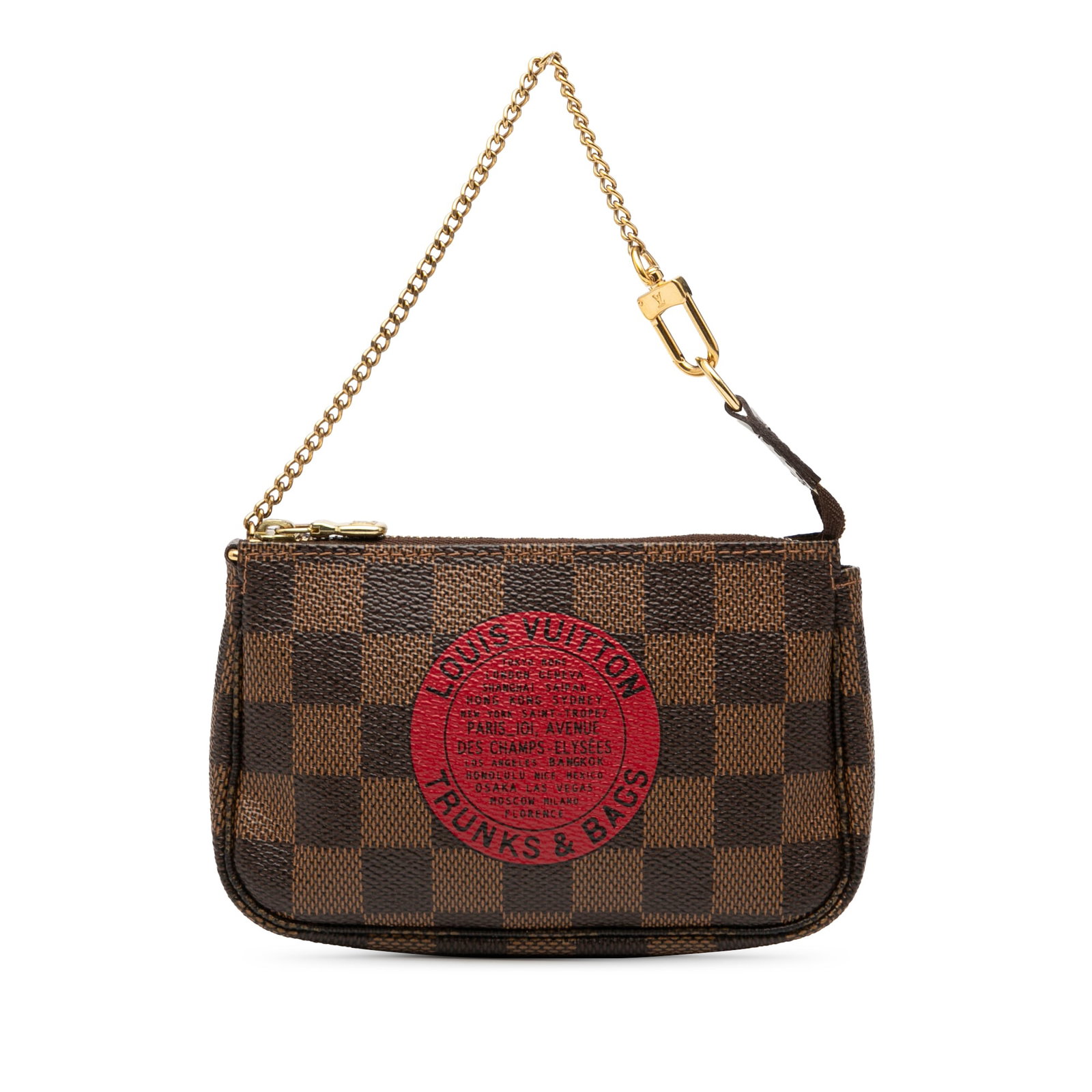 Louis Vuitton Damier Ebene Mini Pochette with Gold-tone Chain: Louis Vuitton Damier Ebene Mini Pochette with Gold-tone Chain The Louis Vuitton Damier Ebene Trunks and Bags Mini Pochette Accessoires is a stylish and functional accessory made from durable printed d