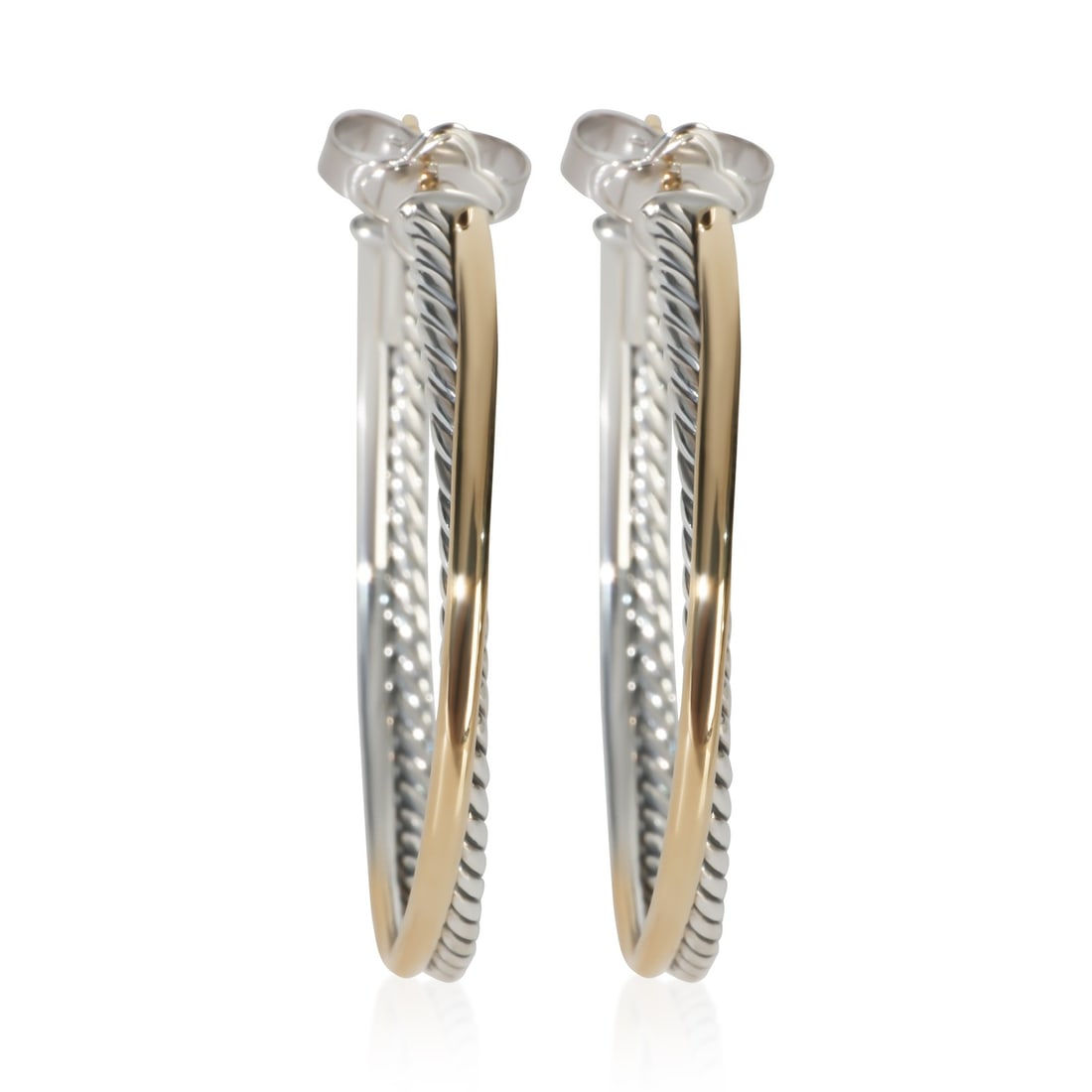 David Yurman Crossover Hoop Earrings in 18k Gold and Sterling Silver: David Yurman Crossover Hoop Earrings in 18k Gold and Sterling Silver Pre-owned David Yurman Crossover Hoop earrings crafted in yellow gold and sterling silver. This pair features the brand's crossover