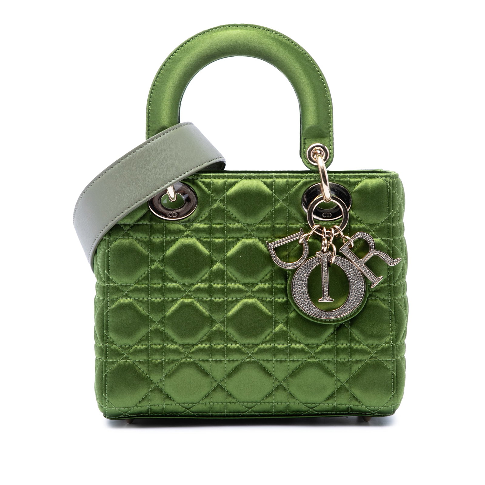Dior My ABCDior Lady Dior Small green satin bag: Dior My ABCDior Lady Dior Small green satin bag Small Lady Dior handbag in green satin with the Cannage pattern and My ABCDior design. It features rolled leather handles, a detachable flat strap, a fo