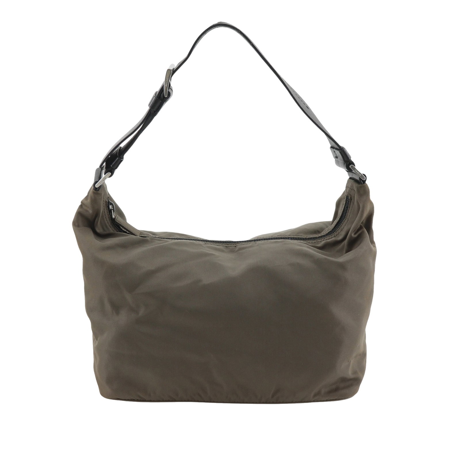 Prada Tessuto Brown Nylon Shoulder Bag Leather Strap: Prada Tessuto Brown Nylon Shoulder Bag Leather Strap Prada Tessuto shoulder bag with a nylon body, adjustable flat leather strap, top zip closure, and an interior zip pocket. The bag is made in Italy 