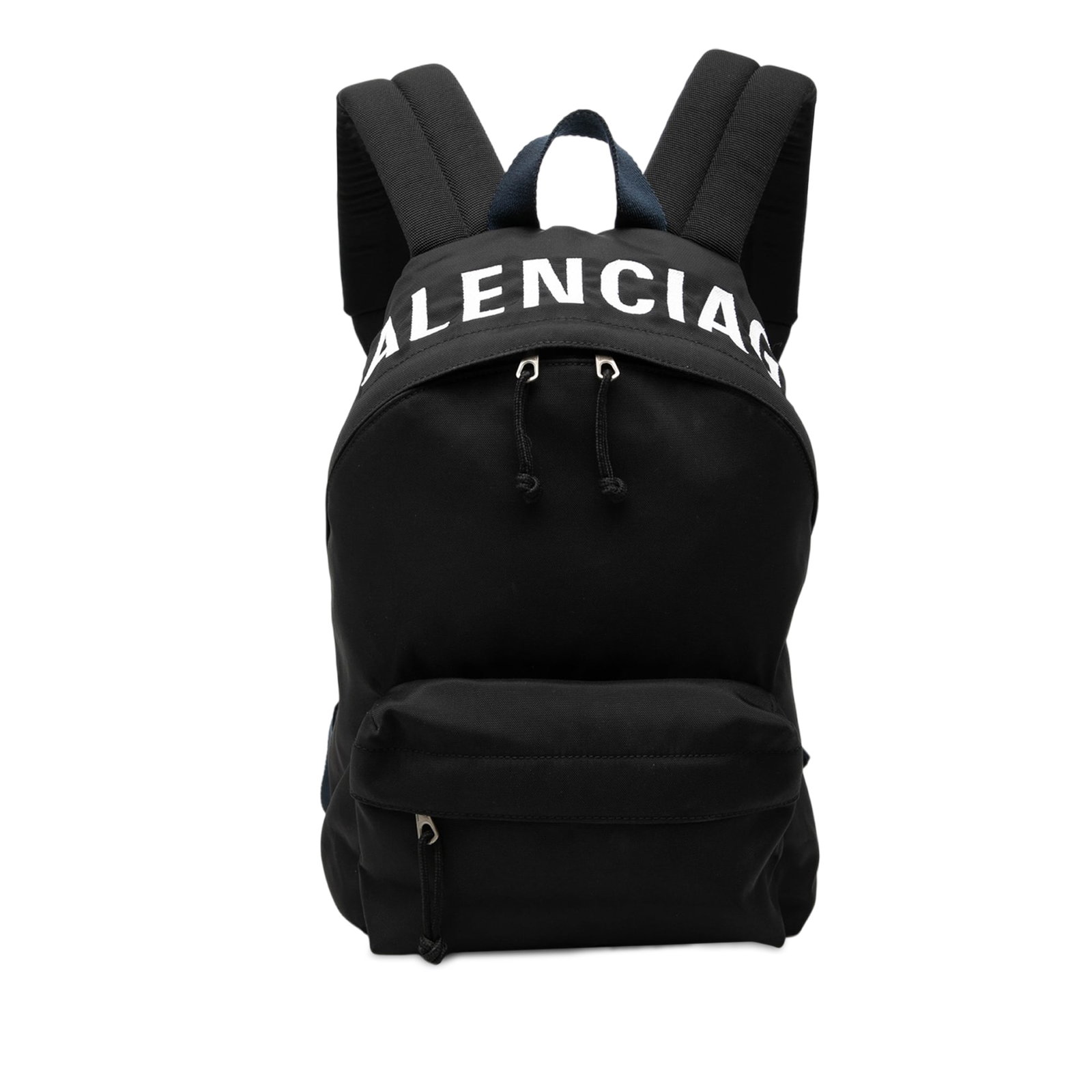 Balenciaga Wheel Black Nylon Backpack: Balenciaga Wheel Black Nylon Backpack Balenciaga Wheel backpack crafted from nylon with a top zip closure, front zip pocket, and interior zip and slip pockets. It features a flat top handle and adjust