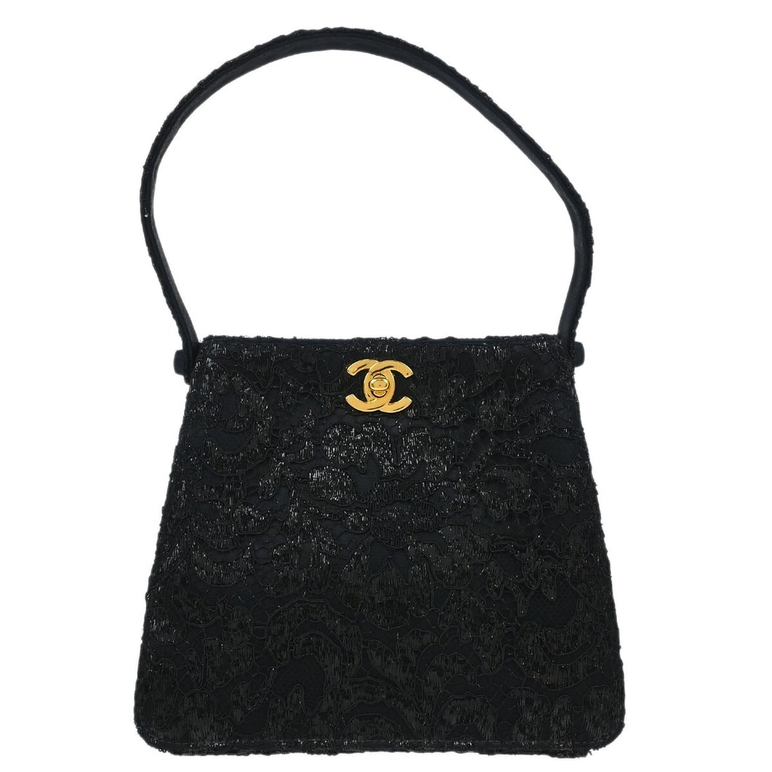 CHANEL small black satin top handle satchel turn lock bag: CHANEL small black satin top handle satchel turn lock bag A Chanel small satchel/top handle bag in black satin with a double-sided turn lock closure. It features a top handle, silk lining, and an exte