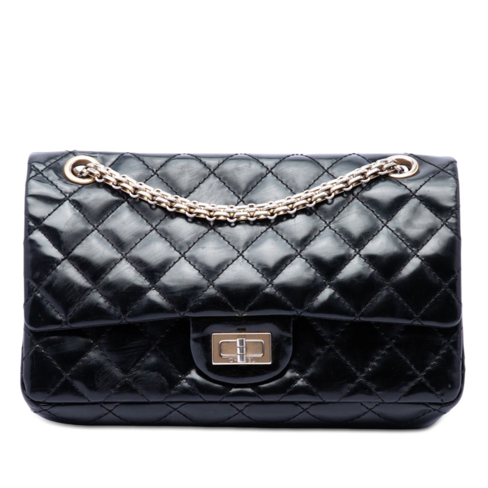 Chanel Reissue 2.55 Accordion Flap 225 quilted black calfskin shoulder bag: Chanel Reissue 2.55 Accordion Flap 225 quilted black calfskin shoulder bag Chanel Reissue 2.55 Accordion Flap 225 shoulder bag in black quilted glazed calfskin with chain link shoulder straps and a fr