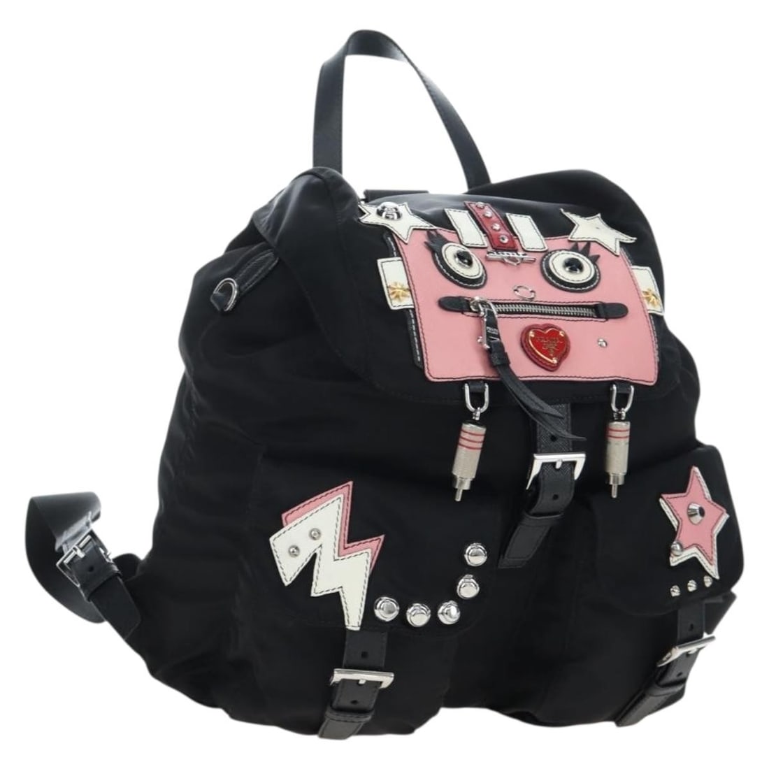 PRADA Nylon Backpack in Black and Silver with Dust Bag: PRADA Nylon Backpack in Black and Silver with Dust Bag Authentic Prada robot backpack in black and silver nylon. This women's backpack is made in Italy and includes a dust bag. Condition is rated A: e