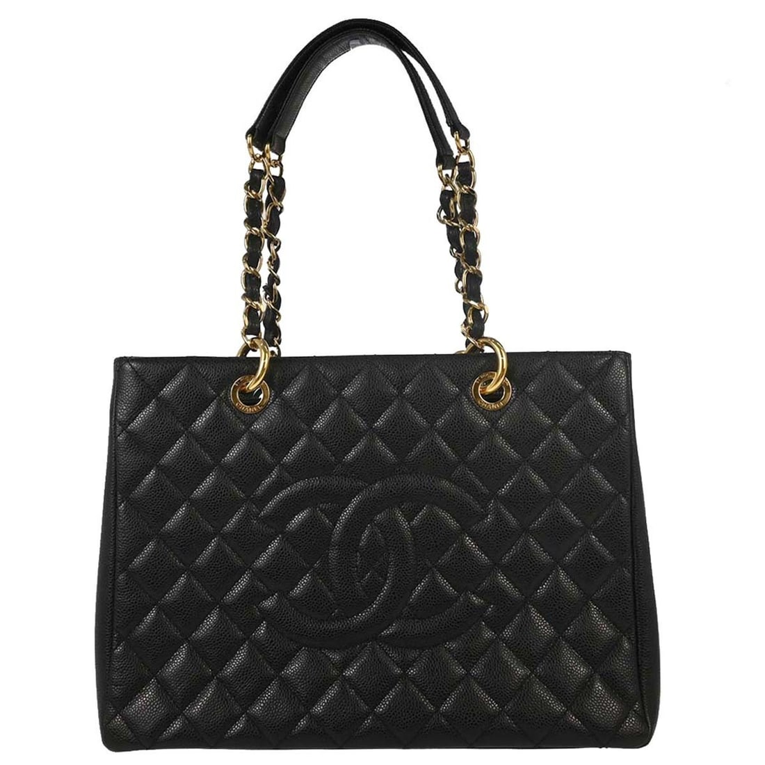 CHANEL GST Grand Shopping Tote Black Leather Chain Handle Bag: CHANEL GST Grand Shopping Tote Black Leather Chain Handle Bag Chanel Grand Shopping Tote GST chain handbag in black caviar skin leather with double handles and logo accent. This large tote features an