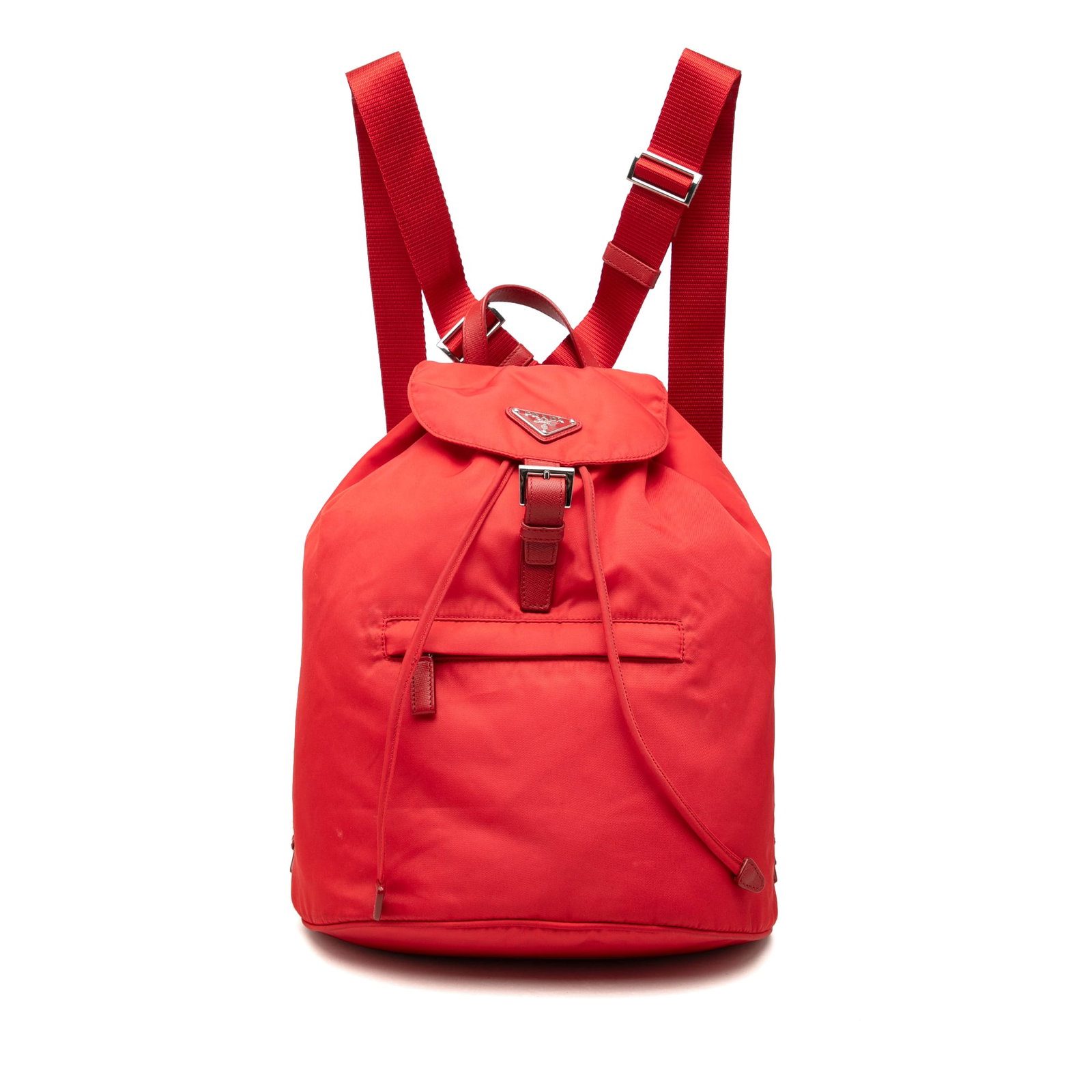 Prada Tessuto Red Nylon Flap Backpack with Front Zip Pocket: Prada Tessuto Red Nylon Flap Backpack with Front Zip Pocket Prada Tessuto Backpack in red, made in Italy. This bag features a nylon body with a flat leather top handle, adjustable flat back straps, a 