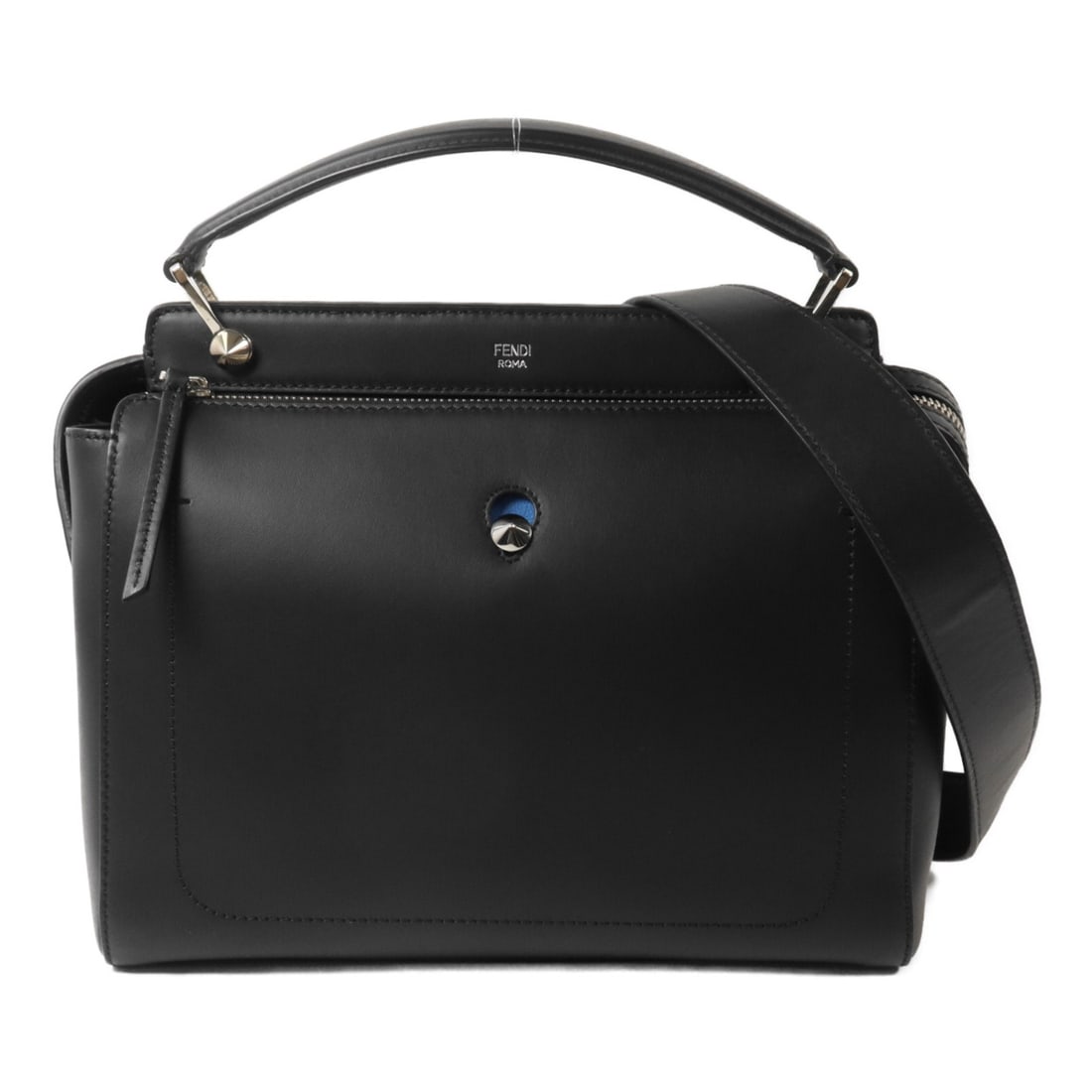 Fendi Dotcom 8BN293 2 Way Shoulder Bag Black Blue Calfskin: Fendi Dotcom 8BN293 2 Way Shoulder Bag Black Blue Calfskin Fendi Dotcom 2-way shoulder bag in black and blue calfskin leather. This women's bag features a structured design with top handles and a remo