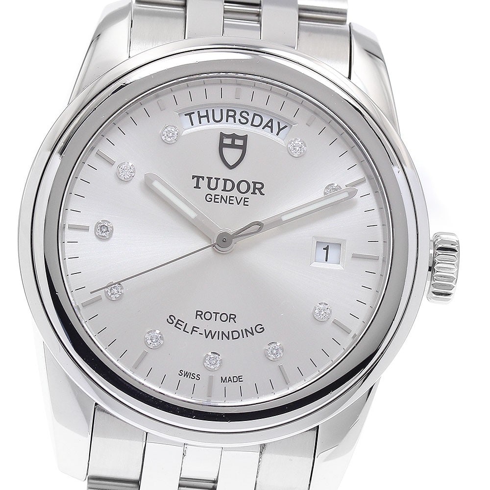 TUDOR Glamour 56000 mens automatic day date watch 10 diamond: TUDOR Glamour 56000 mens automatic day date watch 10 diamond Pre-owned TUDOR Glamour Date-Day men's wristwatch with automatic movement and a silver dial. This reference 56000 includes a warranty card 