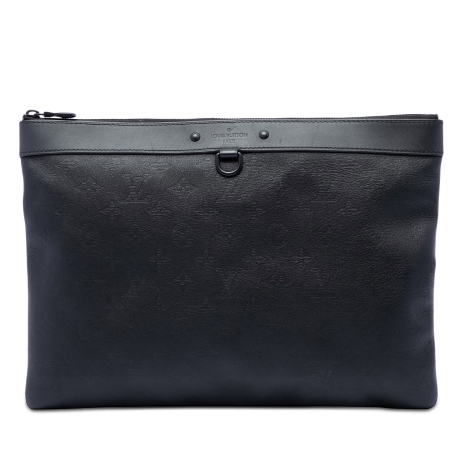 Louis Vuitton Discovery Pochette Monogram Shadow Leather Clutch: Louis Vuitton Discovery Pochette Monogram Shadow Leather Clutch Louis Vuitton Monogram Shadow Discovery Pochette in black leather. This pochette features a top zip closure and an interior slip pocket.