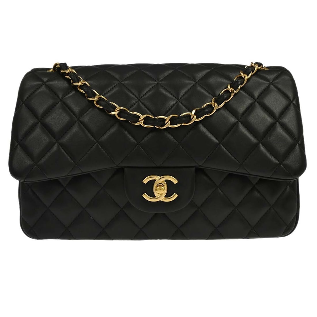 CHANEL Classic Double Flap Jumbo Shoulder Bag Black Lambskin: CHANEL Classic Double Flap Jumbo Shoulder Bag Black Lambskin Chanel Jumbo Classic Double Flap shoulder bag in black lambskin leather with a turn-lock closure, red lining, and shoulder strap. This wome