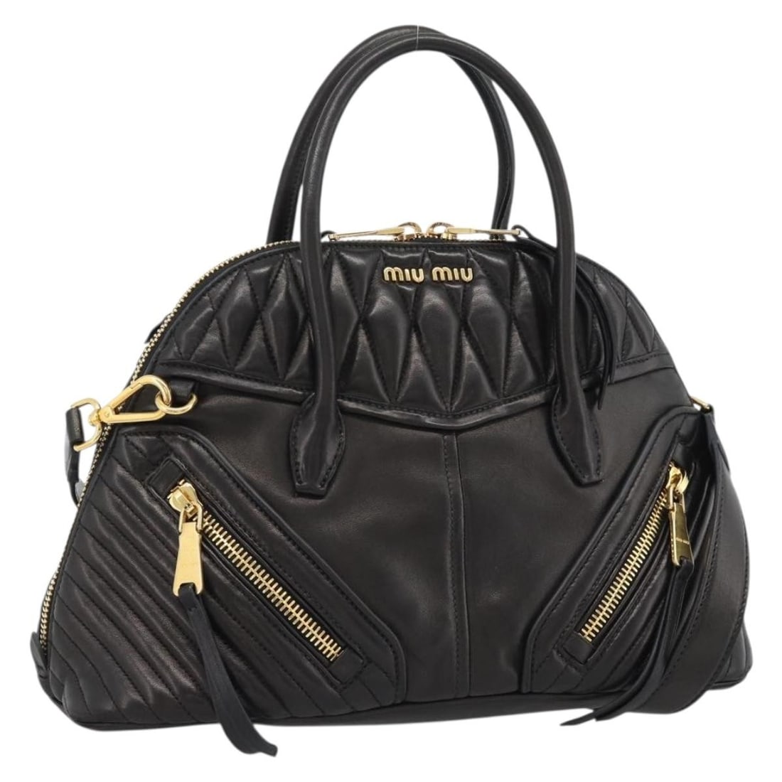 Miu Miu Matelasse Biker 2 Way Lamb Skin Handbag Black Gold: Miu Miu Matelasse Biker 2 Way Lamb Skin Handbag Black Gold Miu Miu matelasse biker 2-way handbag in black lamb skin with gold-tone accents. Made in Italy, this women's handbag includes a dust bag and 