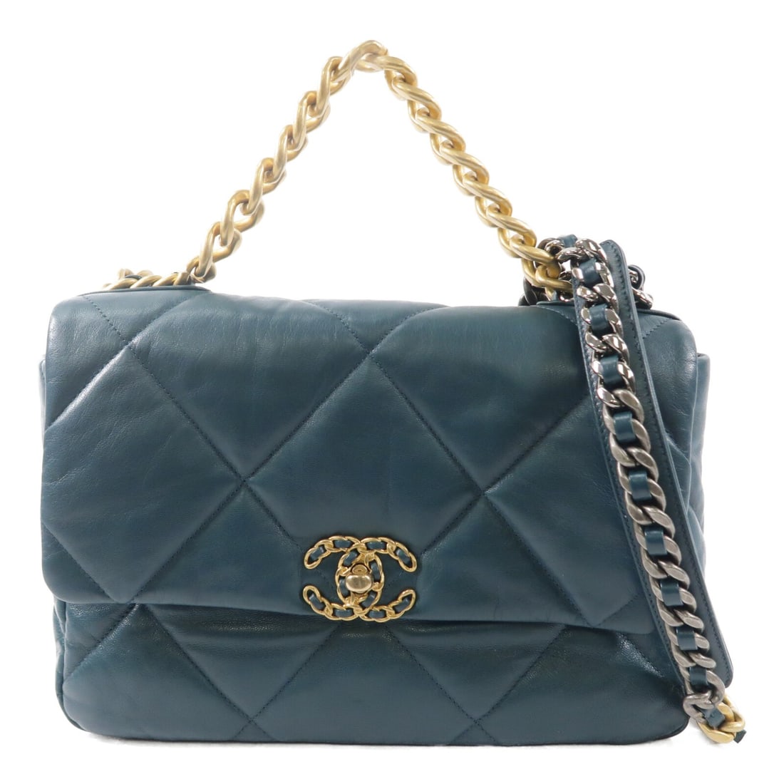 CHANEL AS1161 C19 Large 2way Shoulder Bag Green Lambskin: CHANEL AS1161 C19 Large 2way Shoulder Bag Green Lambskin Large Chanel CC C19 2 way shoulder bag in green lambskin leather. This women's bag features a turn lock closure, an exterior magnetic pocket, a