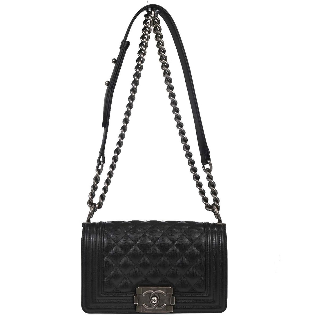 CHANEL Boy Chanel Small Black Caviar Leather Shoulder Bag: CHANEL Boy Chanel Small Black Caviar Leather Shoulder Bag This Chanel Boy small chain shoulder bag is crafted in black caviar skin leather and designed in a mini size with a clasp flap closure. It fea