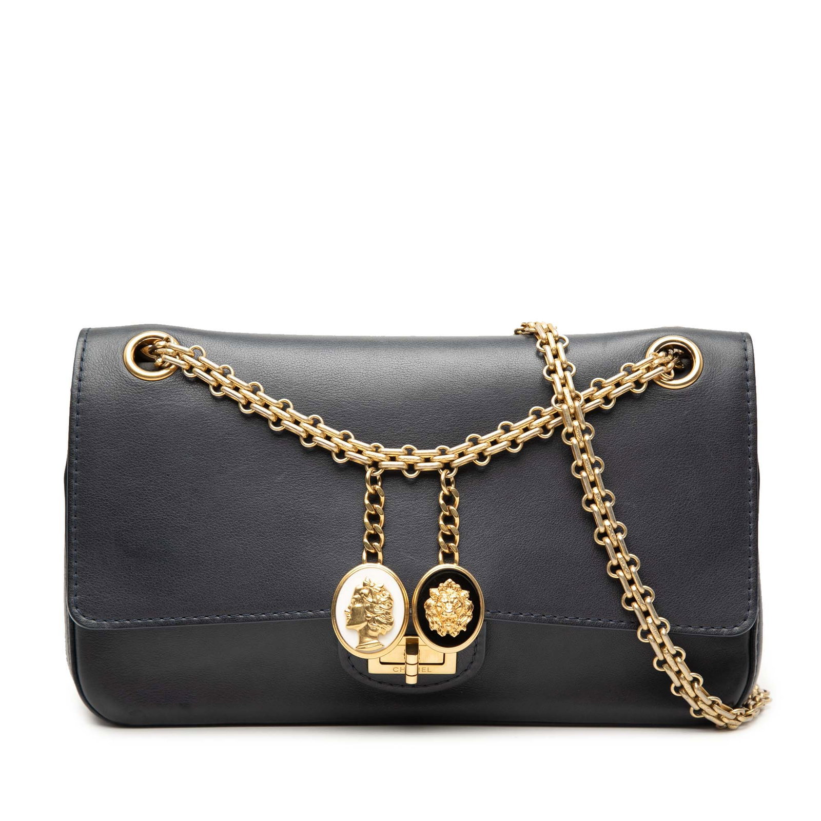 Chanel Reissue 2.55 225 Double Flap Shoulder Bag Calfskin: Chanel Reissue 2.55 225 Double Flap Shoulder Bag Calfskin Chanel Reissue 2.55 Medallion Double Flap shoulder bag in calfskin leather. This bag features chain link shoulder straps with charms, double f