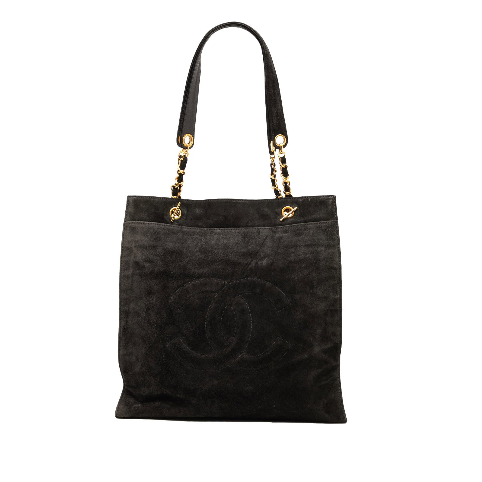 Chanel CC Black Suede Tote with Leather Chain Straps: Chanel CC Black Suede Tote with Leather Chain Straps This Chanel CC Suede Tote is a luxurious accessory crafted from high-quality suede leather. It features elegant leather woven chain straps with lea