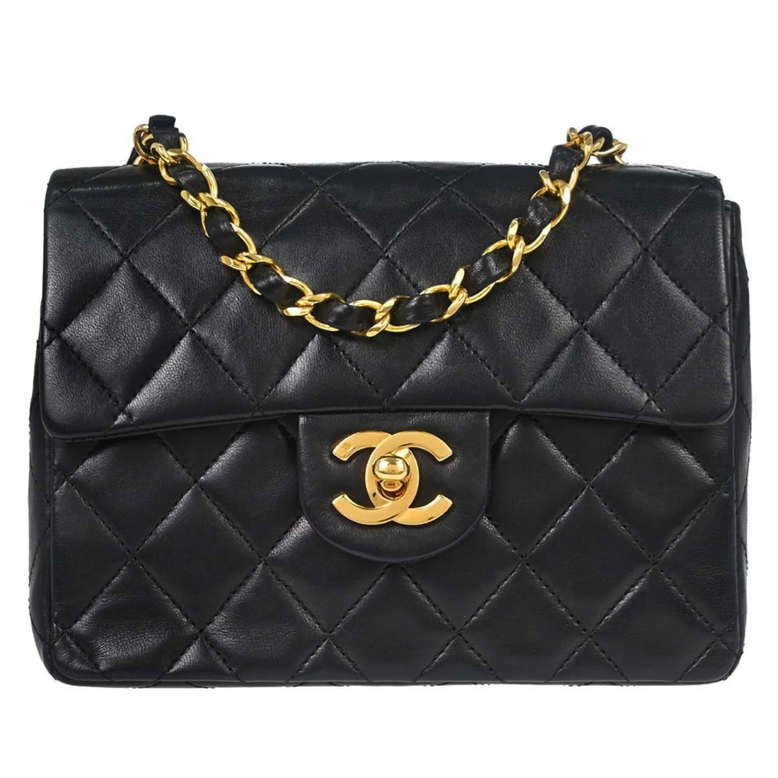 CHANEL Classic Flap Mini Square Lambskin Shoulder Bag Black: CHANEL Classic Flap Mini Square Lambskin Shoulder Bag Black Chanel Mini Classic Square Flap shoulder bag in black lambskin leather with matelasse quilting and a flap turnlock closure. This small shoul