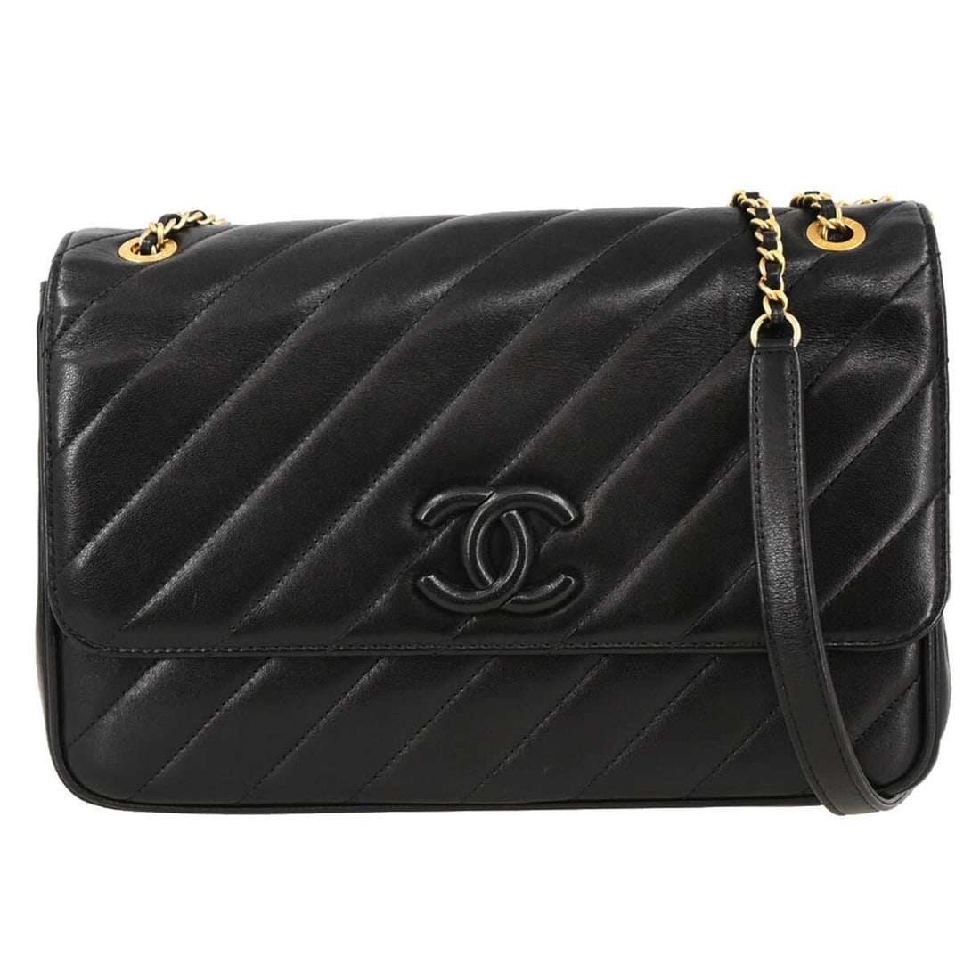 Medium Black Lambskin Shoulder Bag by Chanel: Medium Black Lambskin Shoulder Bag by Chanel Black Chanel shoulder bag crafted in lambskin leather with a magnetic closure and shoulder strap. The bag features one exterior pocket, one interior zipper