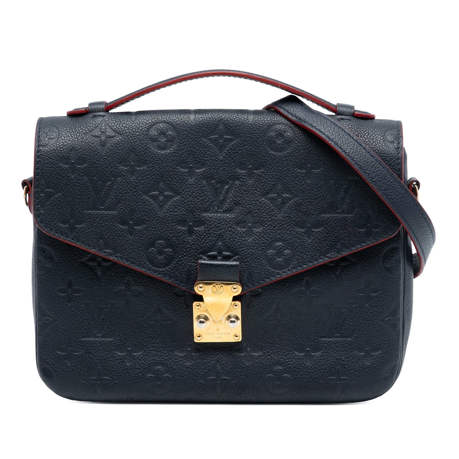Louis Vuitton Pochette Metis Blue Monogram Empreinte Leather Shoulder Bag: Louis Vuitton Pochette Metis Blue Monogram Empreinte Leather Shoulder Bag This Louis Vuitton Monogram Empreinte Pochette Metis features a blue monogram empreinte leather body with a flat leather top h